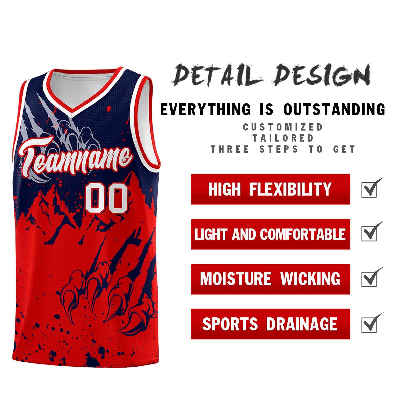 Custom Navy Red Snow Mountain Beast Pattern Sports Uniform Basketball Jersey