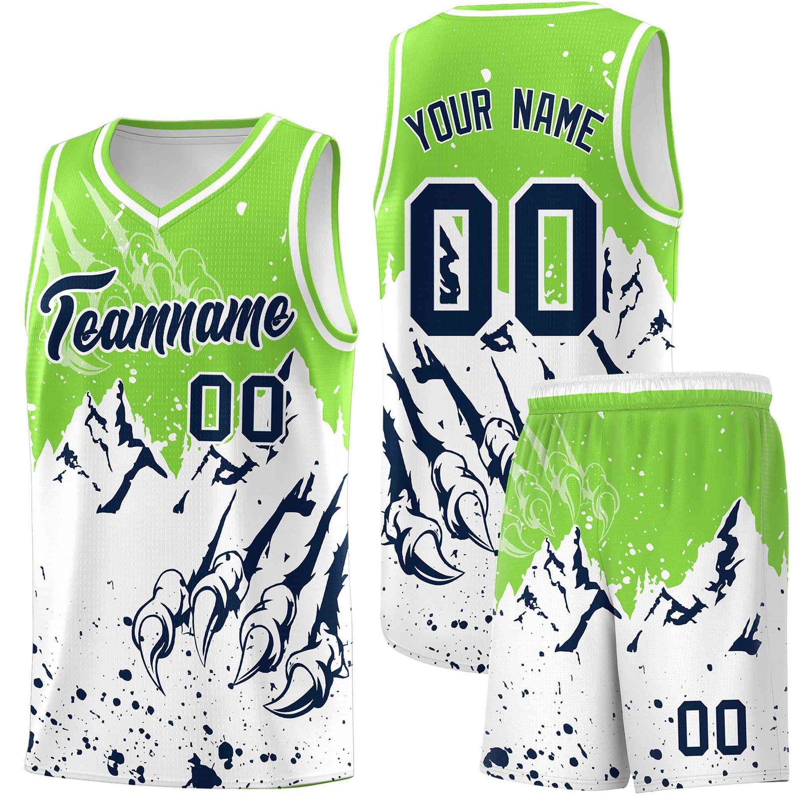Custom Fluorescent Green White Snow Mountain Beast Pattern Sports Uniform Basketball Jersey