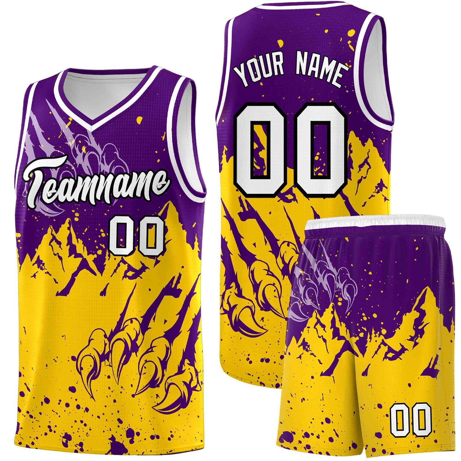 Custom Purple Gold Snow Mountain Beast Pattern Sports Uniform Basketball Jersey
