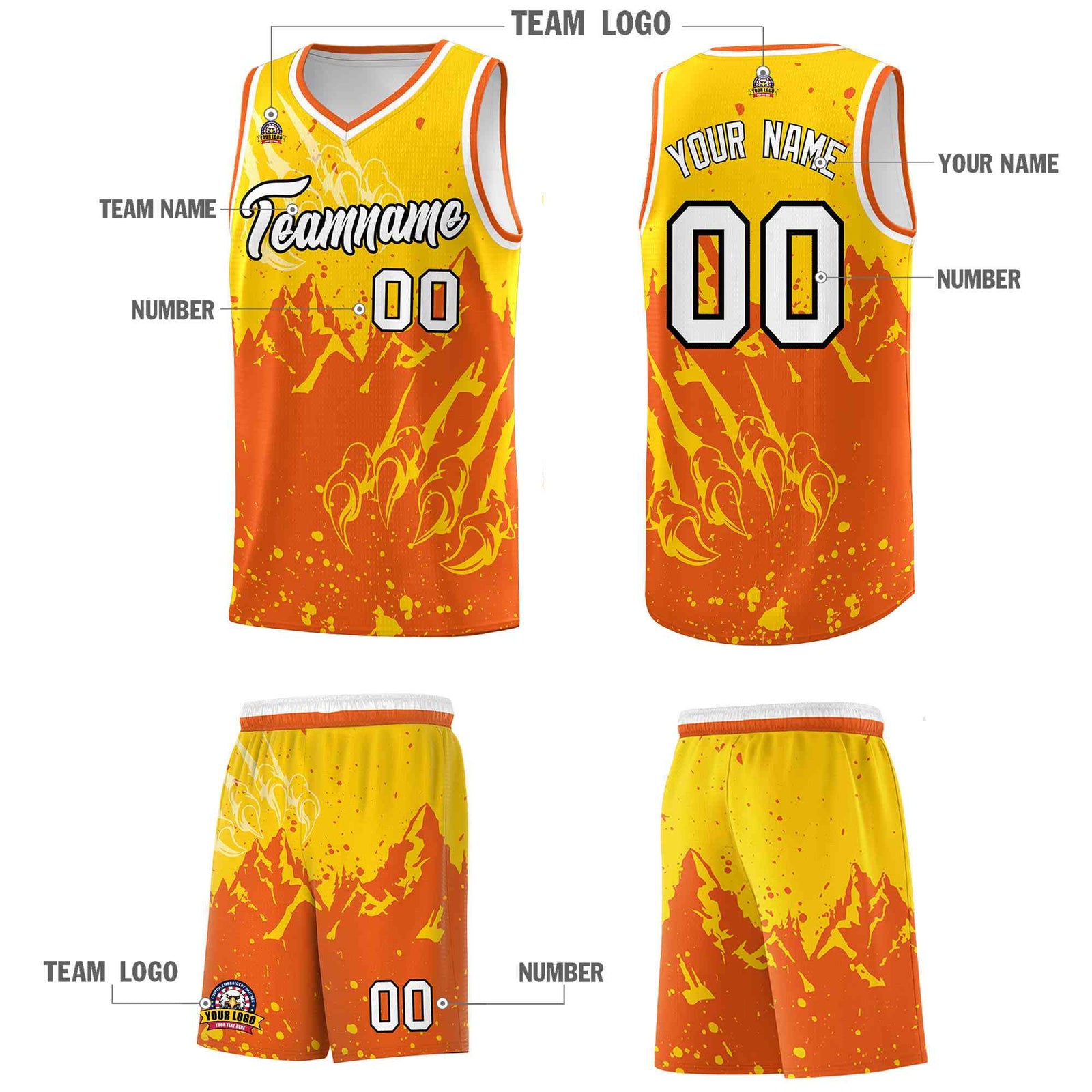 Custom Gold Orange Snow Mountain Beast Pattern Sports Uniform Basketball Jersey