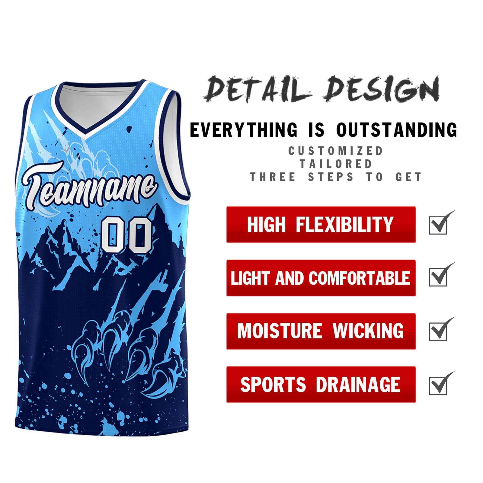 Custom Powder Blue Navy Snow Mountain Beast Pattern Sports Uniform Basketball Jersey