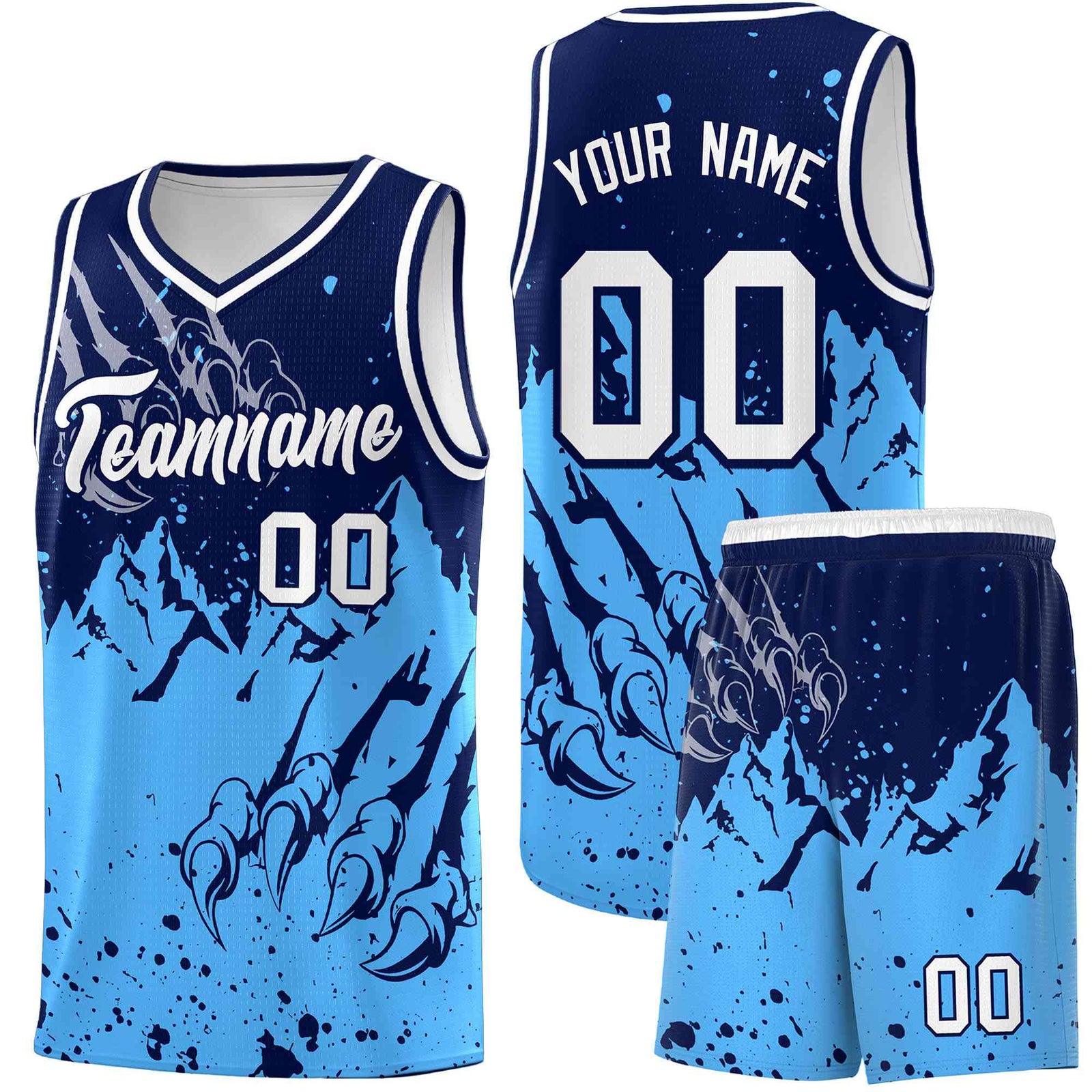 Custom Navy Powder Blue Snow Mountain Beast Pattern Sports Uniform Basketball Jersey