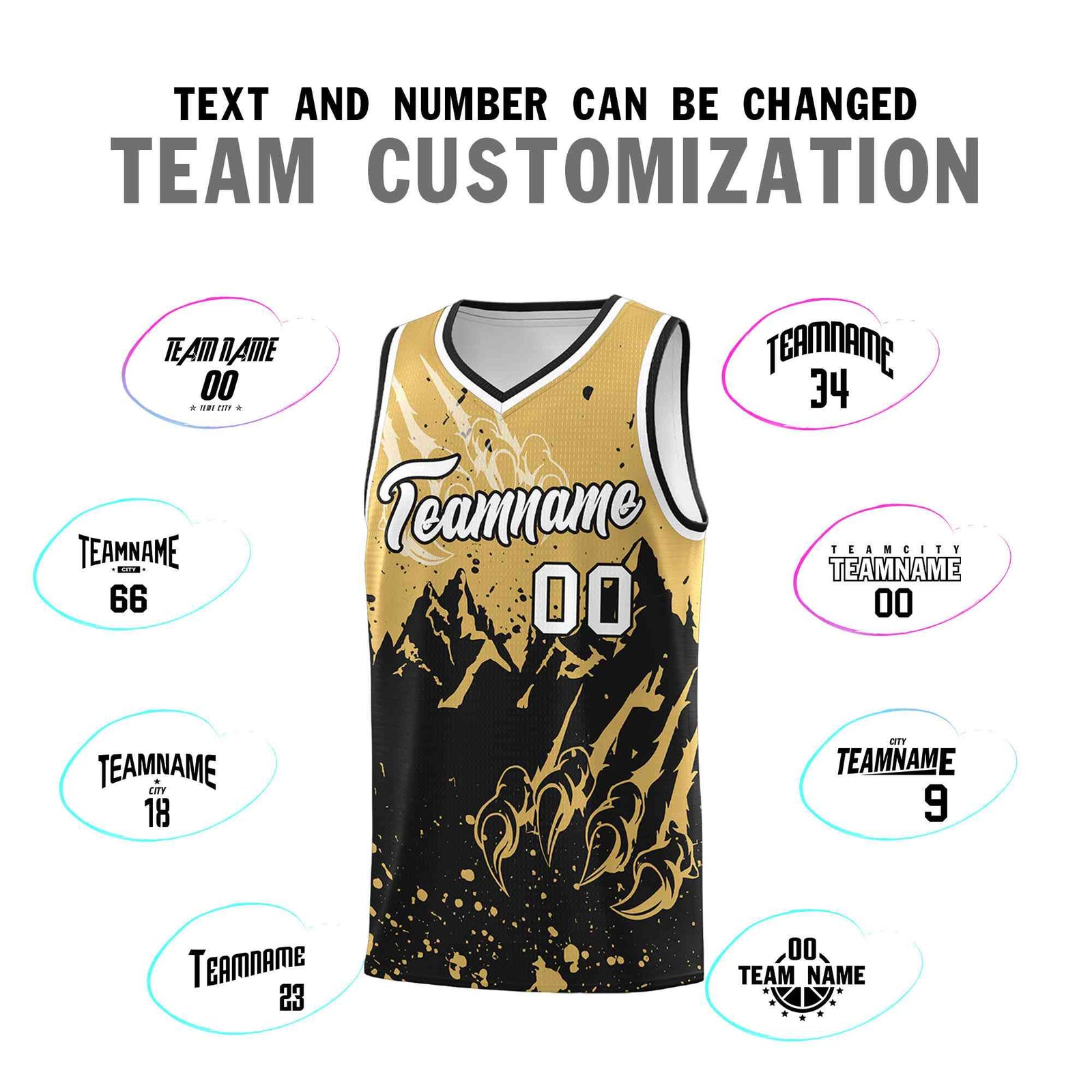 Custom Old Gold Black Snow Mountain Beast Pattern Sports Uniform Basketball Jersey