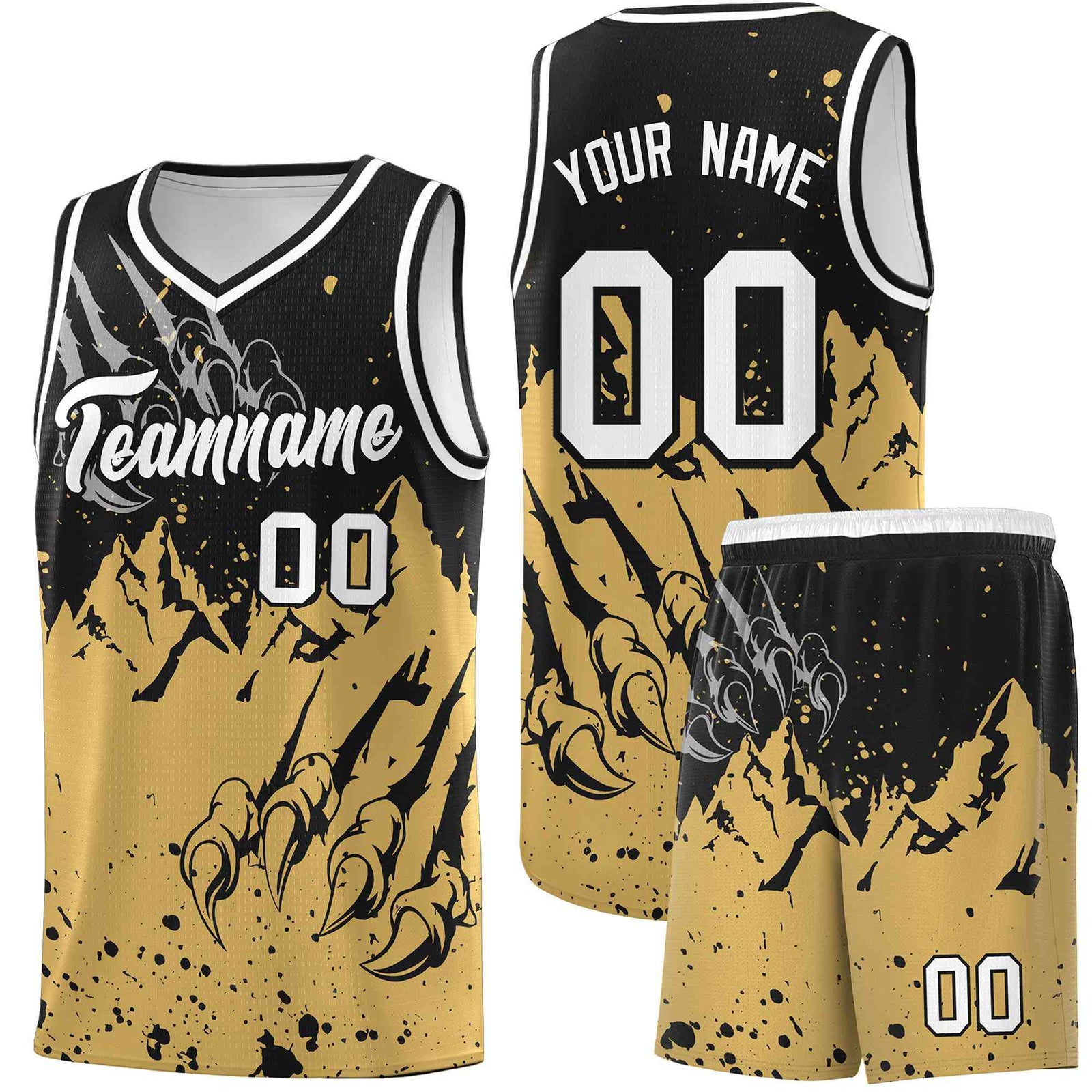 Custom Black Old Gold Snow Mountain Beast Pattern Sports Uniform Basketball Jersey