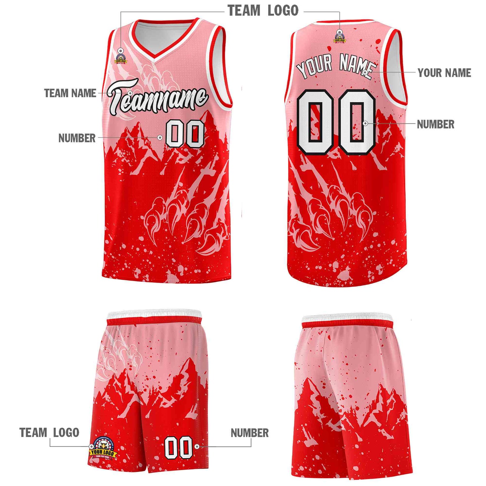 Custom Light Pink Light Red Snow Mountain Beast Pattern Sports Uniform Basketball Jersey