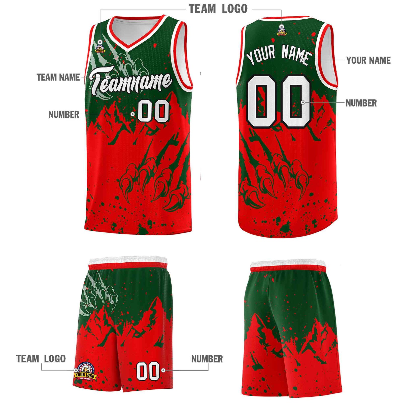 Custom Green Light Red Snow Mountain Beast Pattern Sports Uniform Basketball Jersey