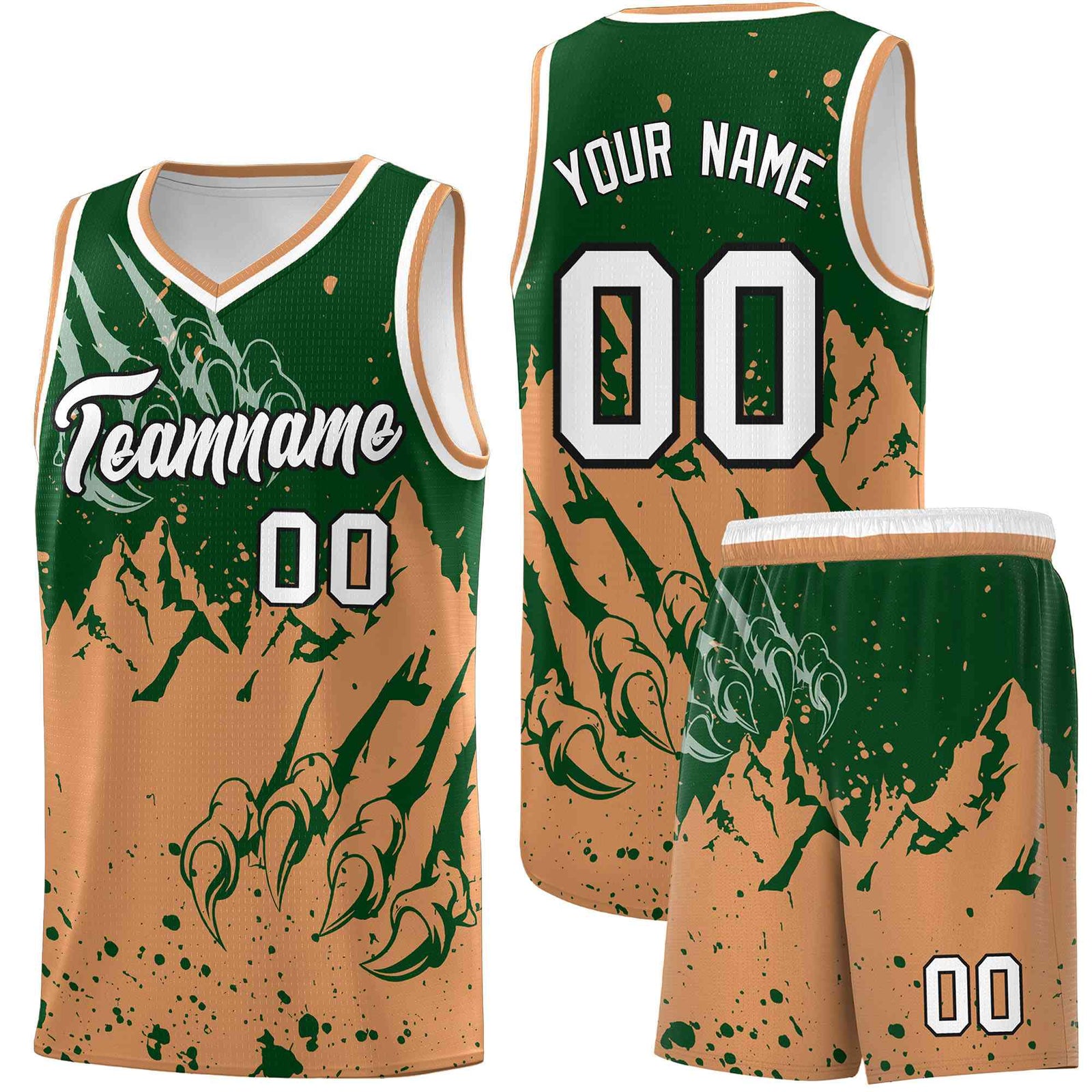 Custom Green Buckskin Brown Snow Mountain Beast Pattern Sports Uniform Basketball Jersey