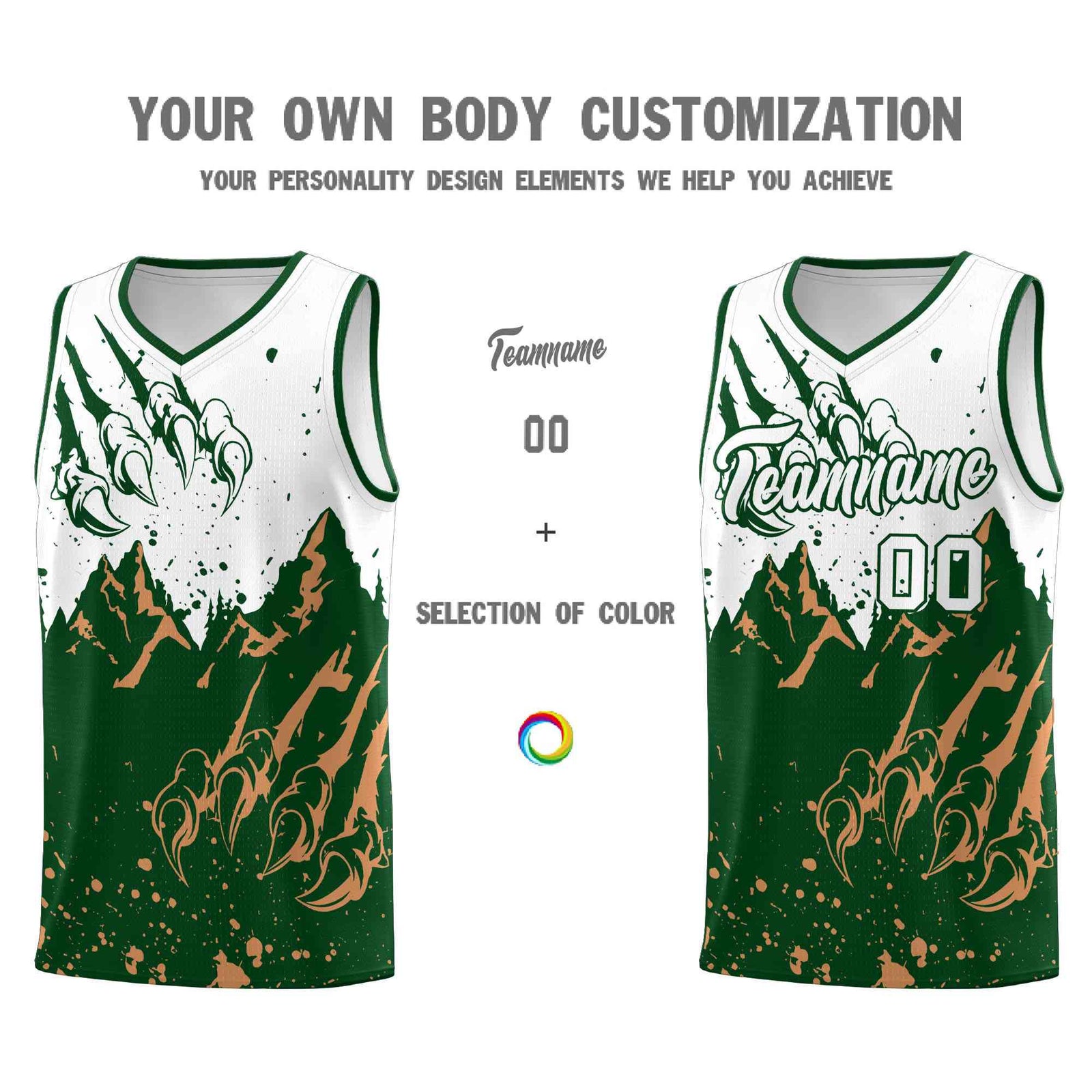 Custom White Green Snow Mountain Beast Pattern Sports Uniform Basketball Jersey