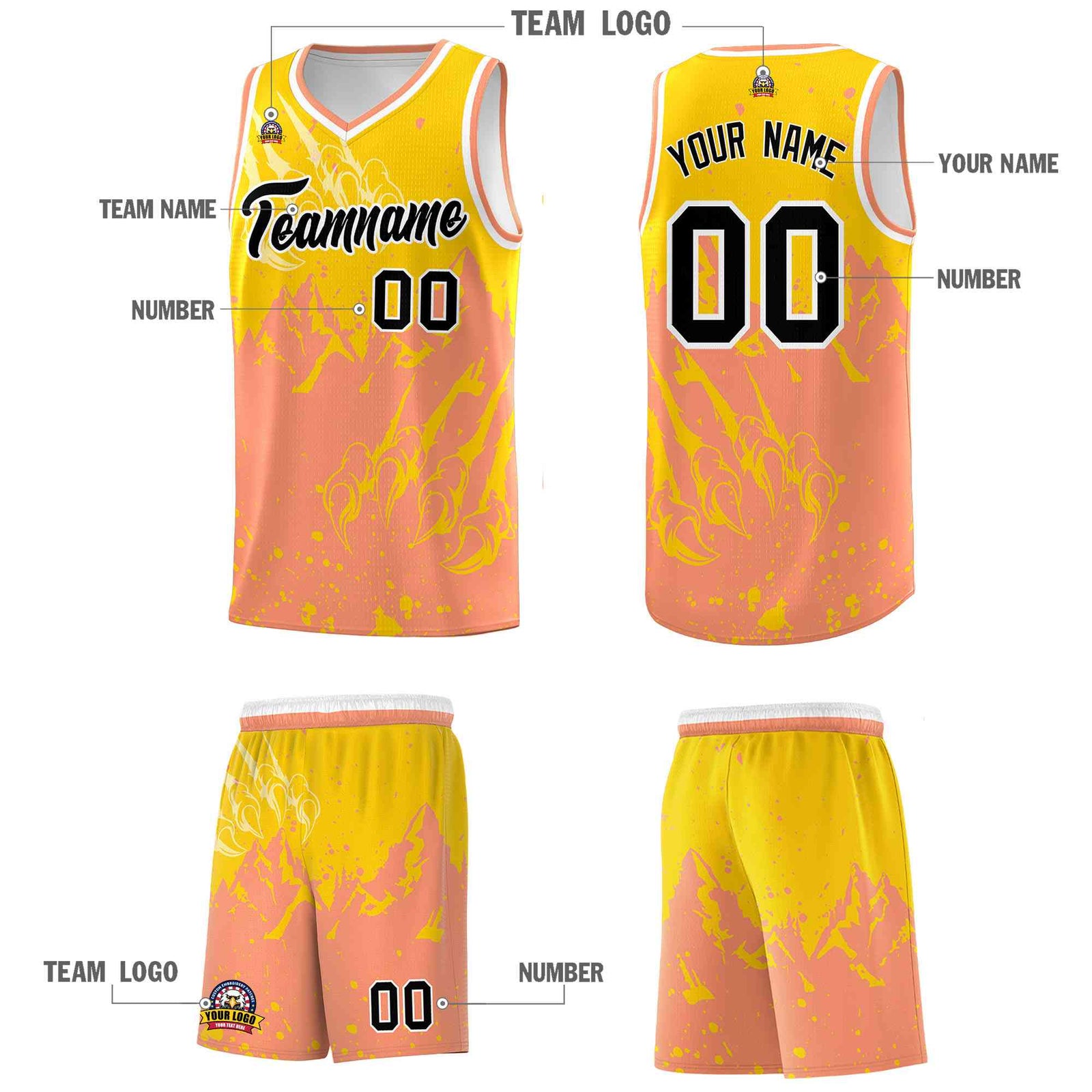 Custom Gold Light Orange Snow Mountain Beast Pattern Sports Uniform Basketball Jersey