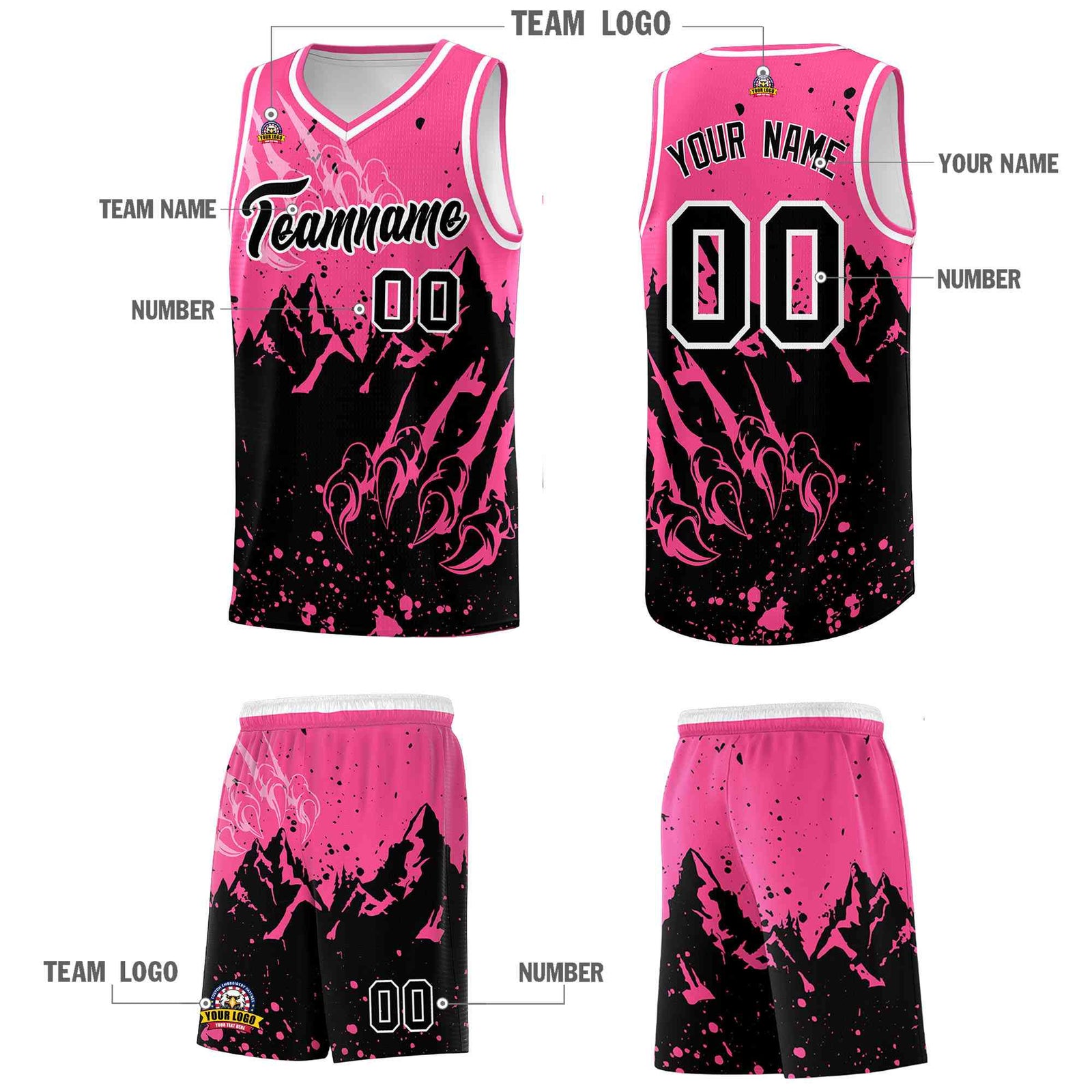 Custom Pink Black Snow Mountain Beast Pattern Sports Uniform Basketball Jersey