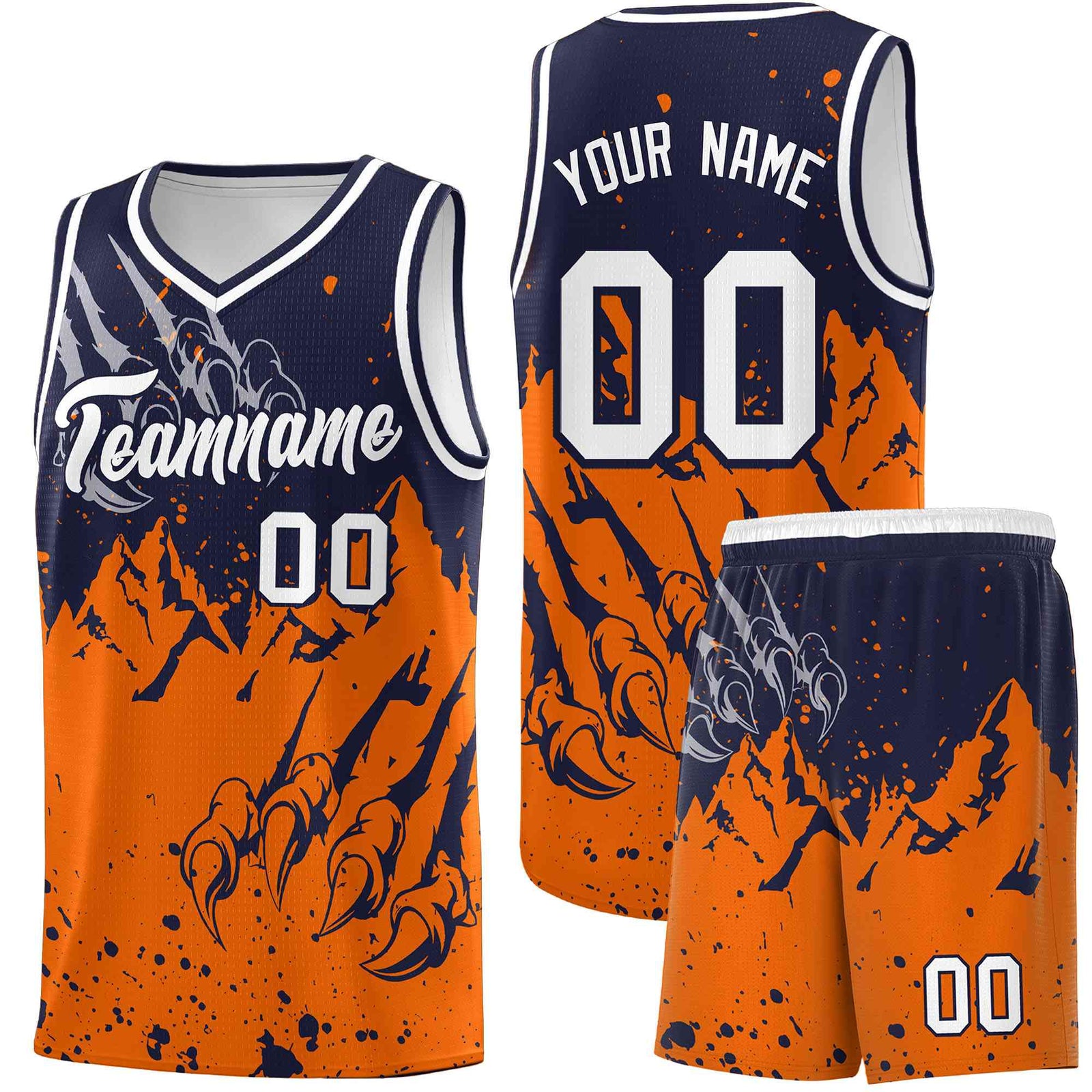 Custom Navy Orange Snow Mountain Beast Pattern Sports Uniform Basketball Jersey