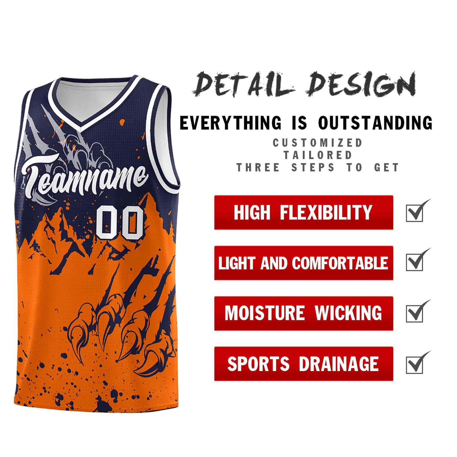 Custom Navy Orange Snow Mountain Beast Pattern Sports Uniform Basketball Jersey