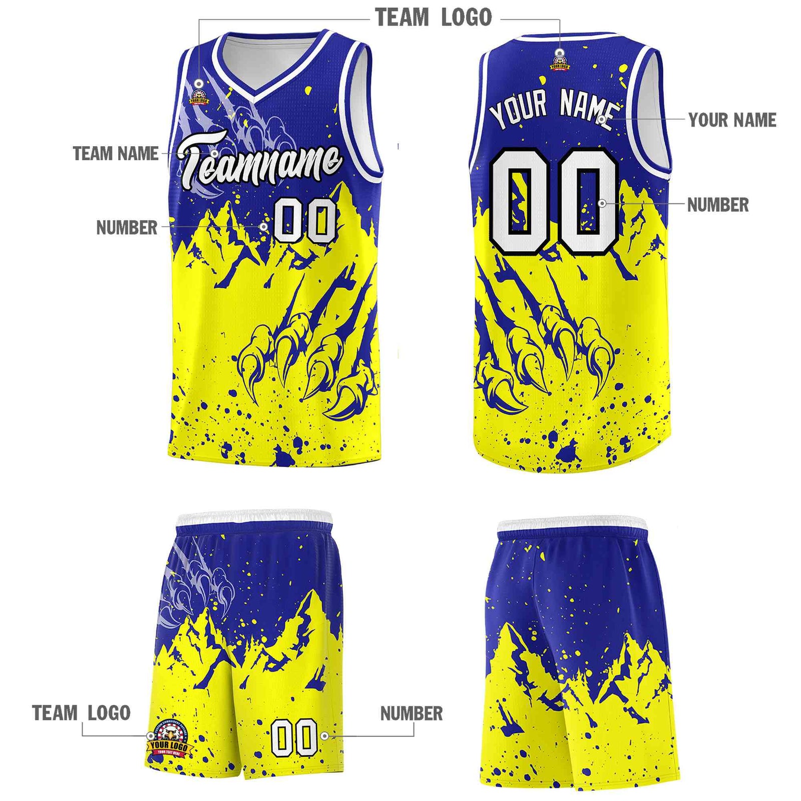 Custom Royal Fluorescent Yellow Snow Mountain Beast Pattern Sports Uniform Basketball Jersey