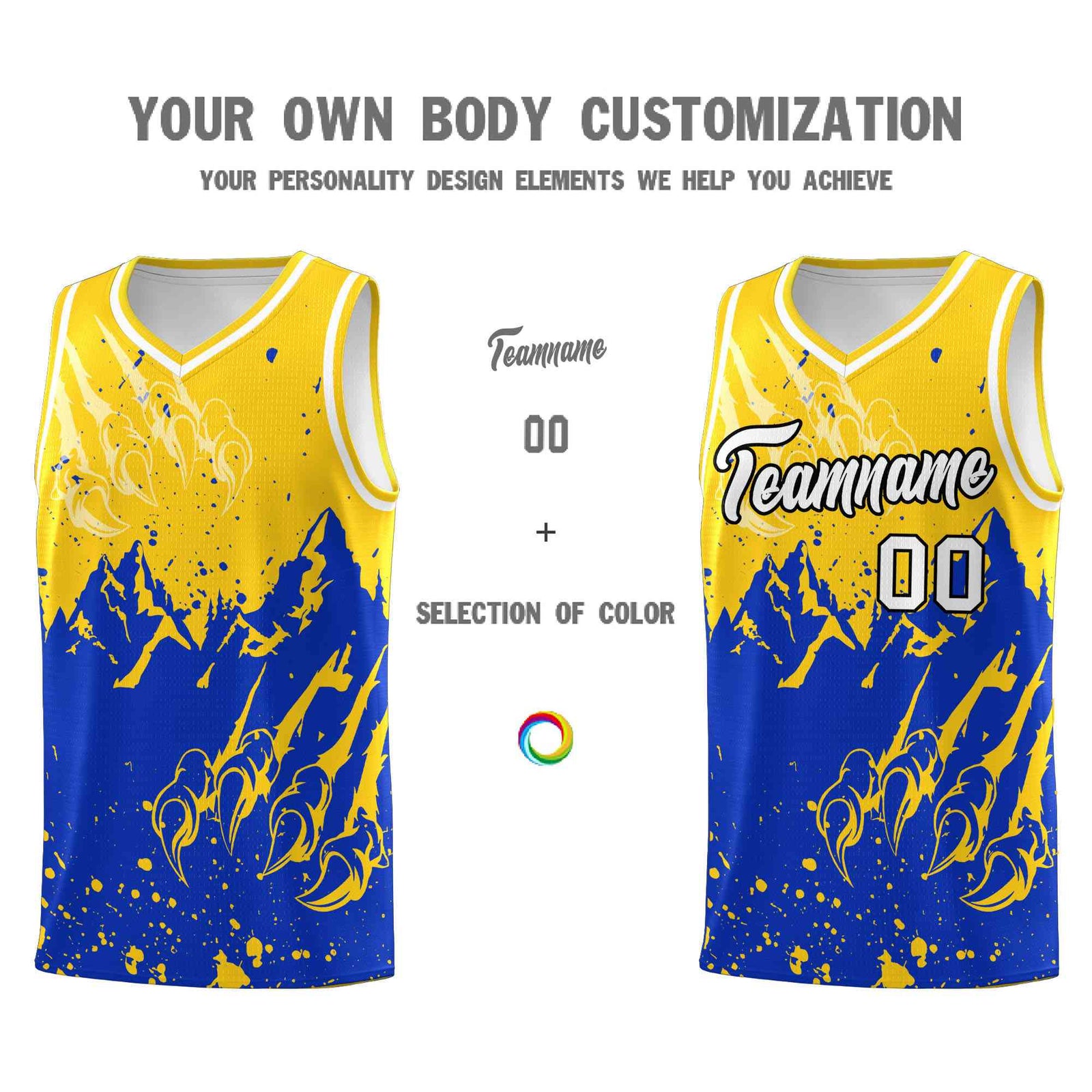 Custom Gold Royal Snow Mountain Beast Pattern Sports Uniform Basketball Jersey
