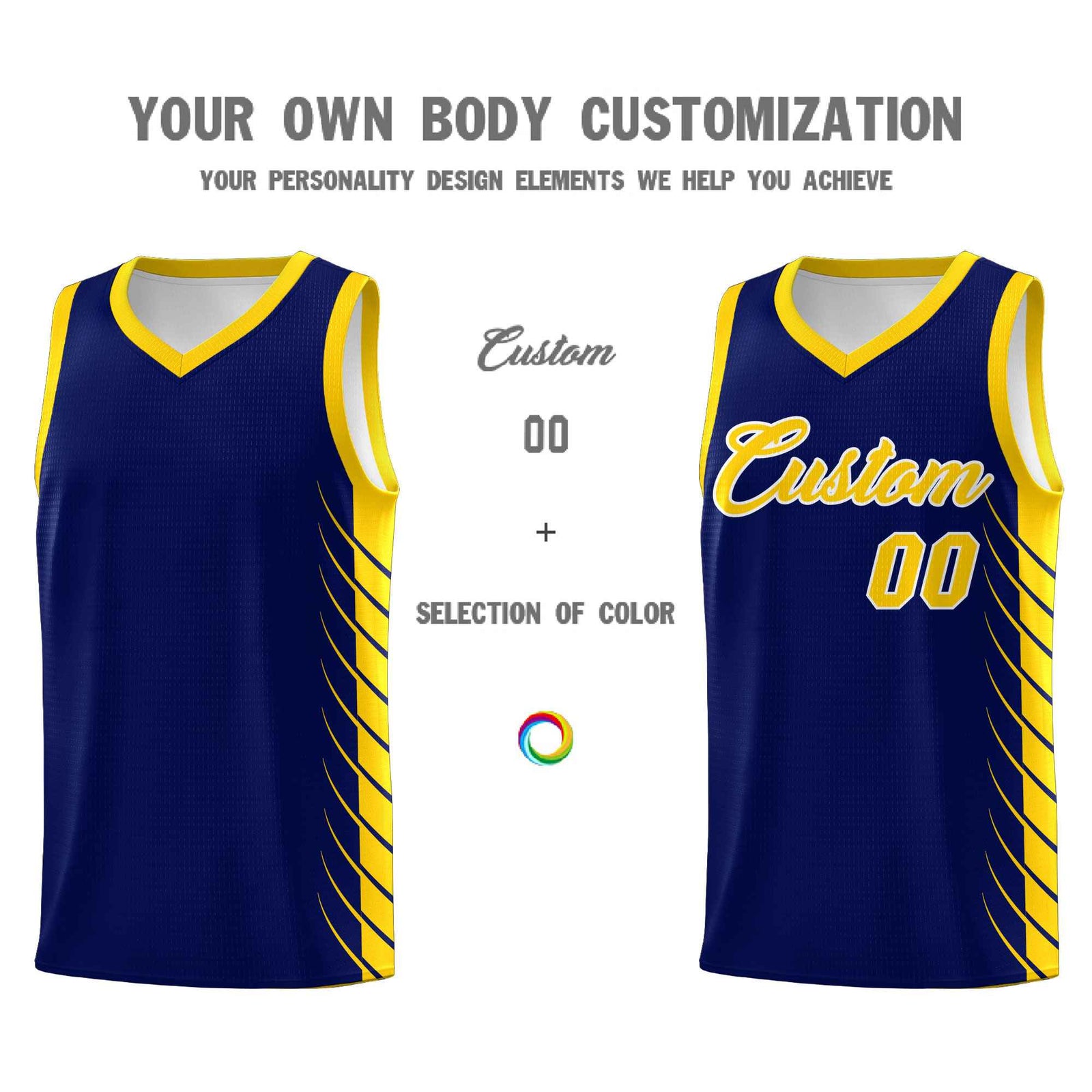 Custom Navy Gold Personalized Side Symmetrical Line Pattern Sports Uniform Basketball Jersey