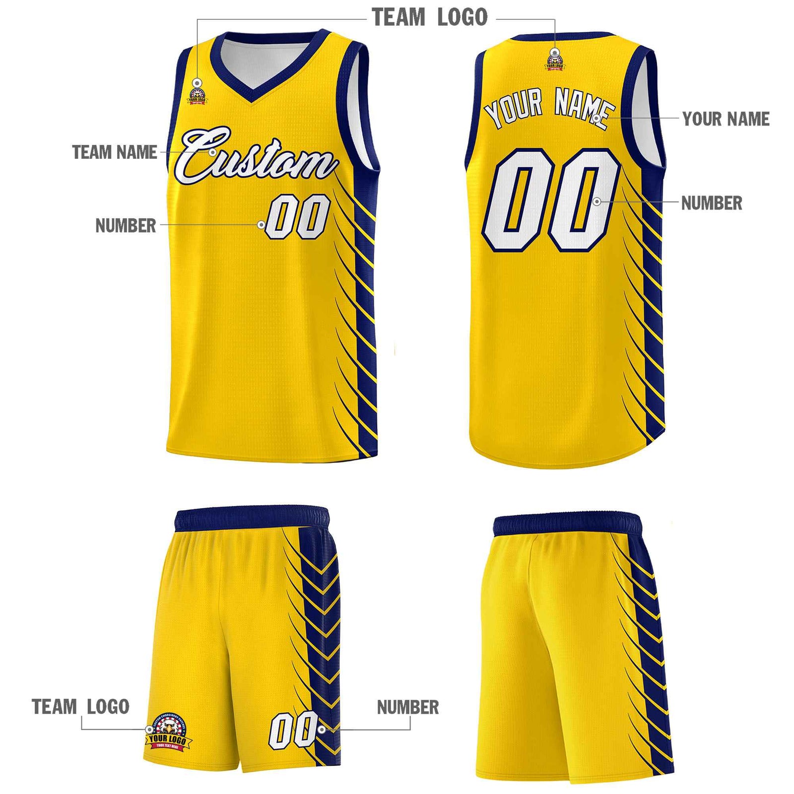 Custom Gold Navy Personalized Side Symmetrical Line Pattern Sports Uniform Basketball Jersey
