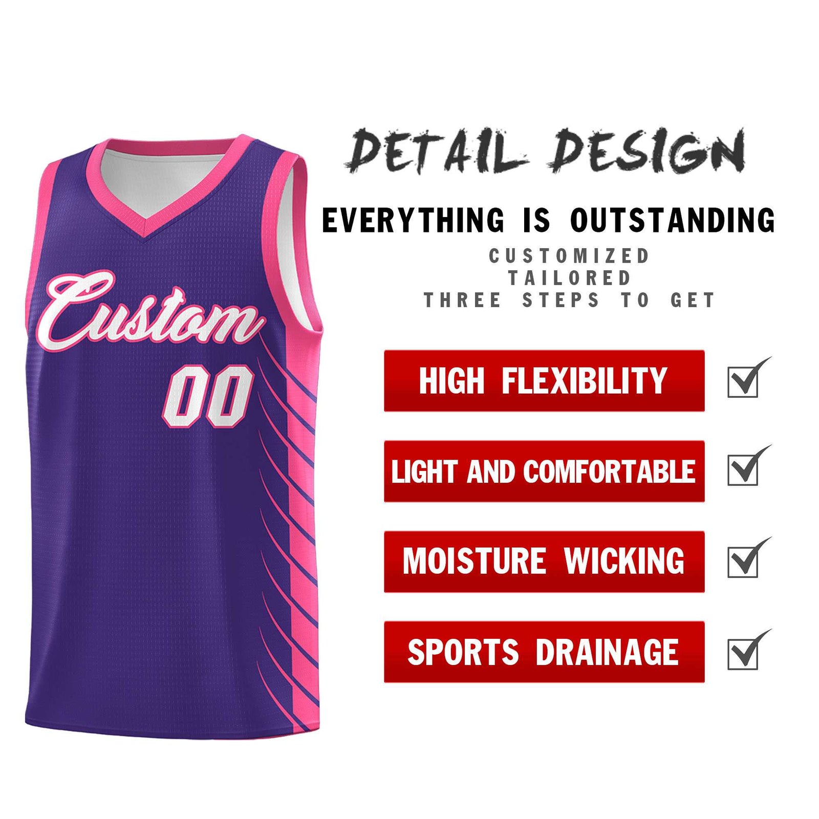 Custom Purple Pink Personalized Side Symmetrical Line Pattern Sports Uniform Basketball Jersey