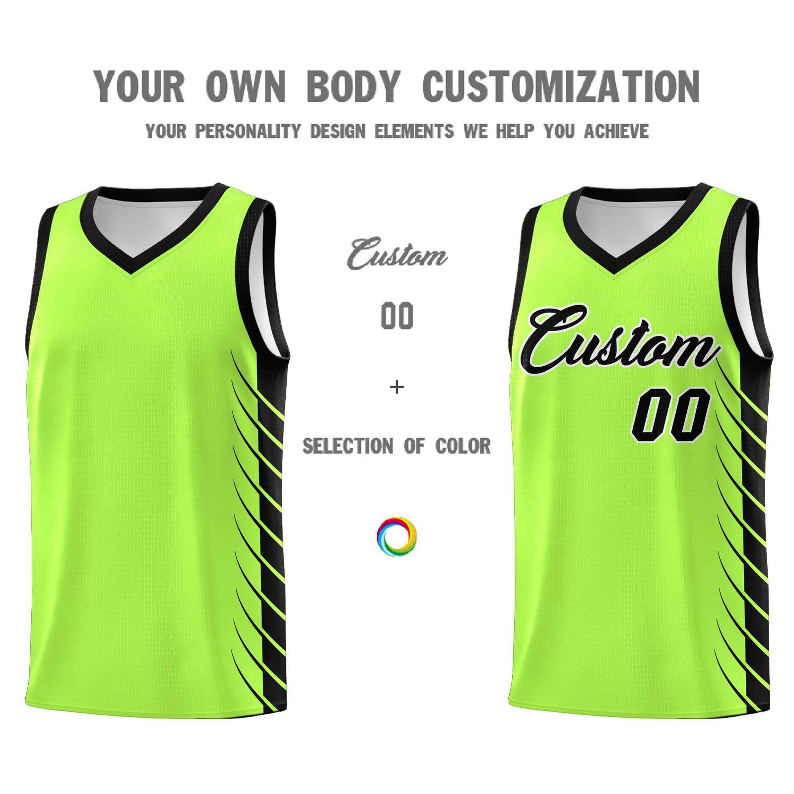 Custom Fluorescent Green Black Personalized Side Symmetrical Line Pattern Sports Uniform Basketball Jersey