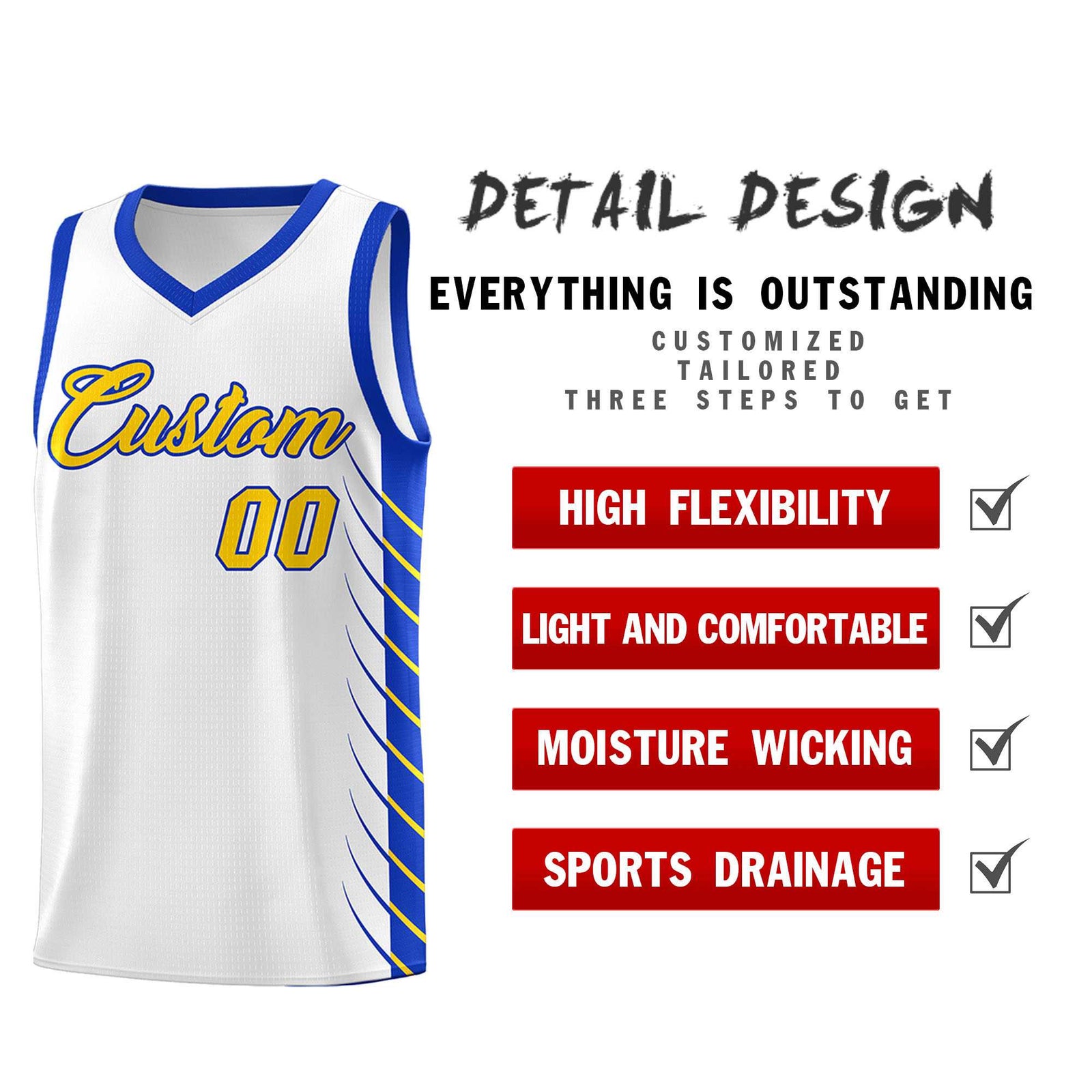 Custom White Royal Personalized Side Symmetrical Line Pattern Sports Uniform Basketball Jersey