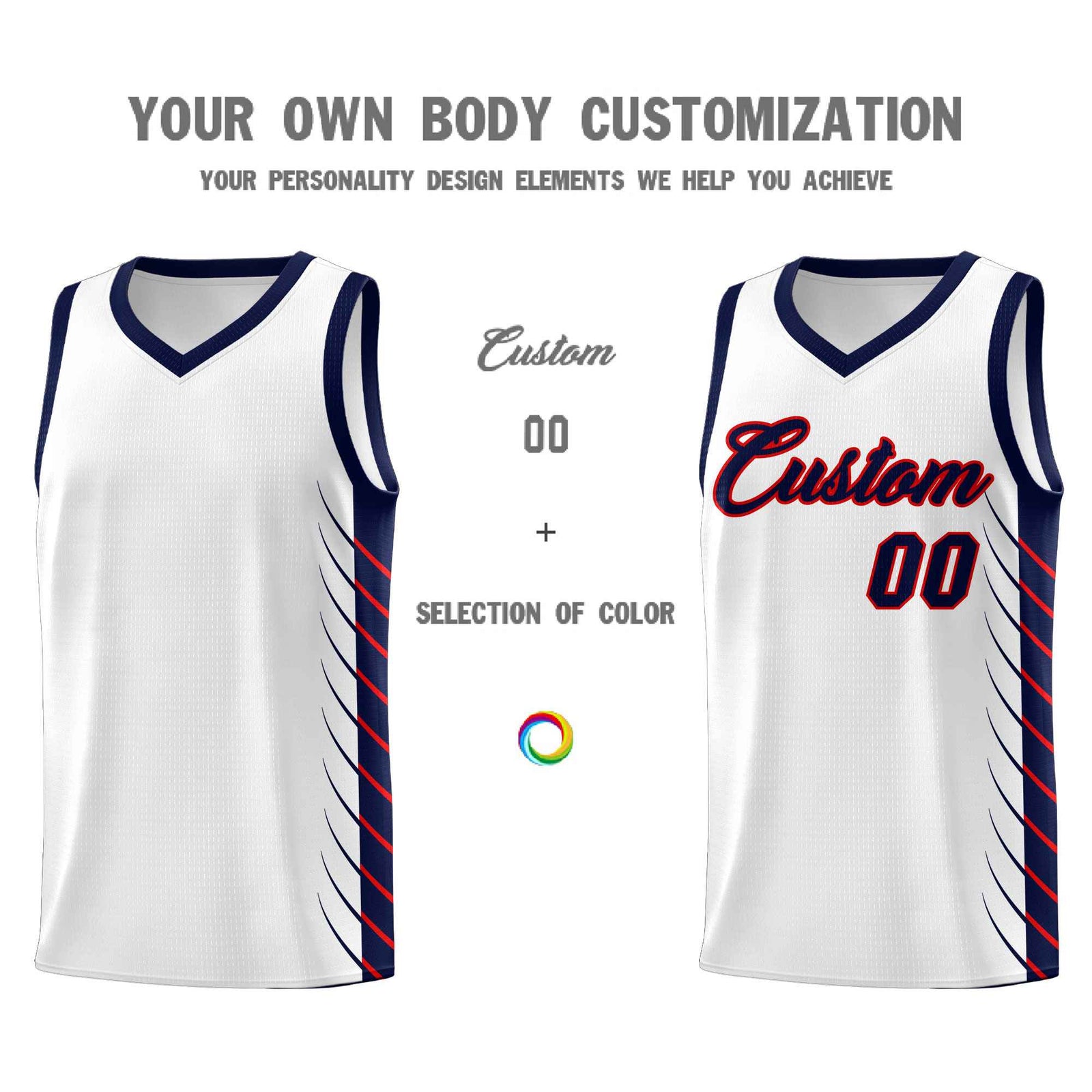 Custom White Navy Personalized Side Symmetrical Line Pattern Sports Uniform Basketball Jersey