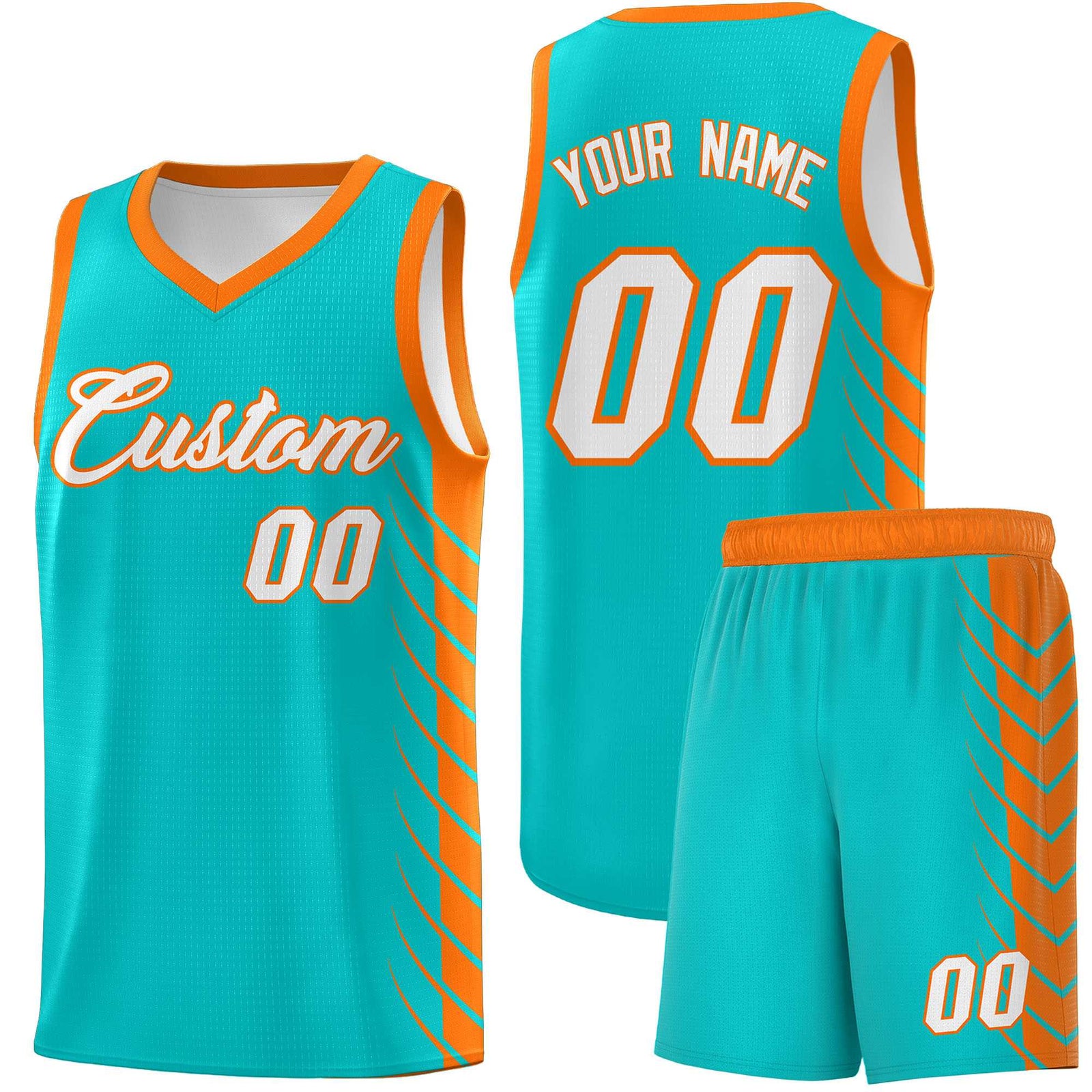 Custom Aqua Orange Personalized Side Symmetrical Line Pattern Sports Uniform Basketball Jersey