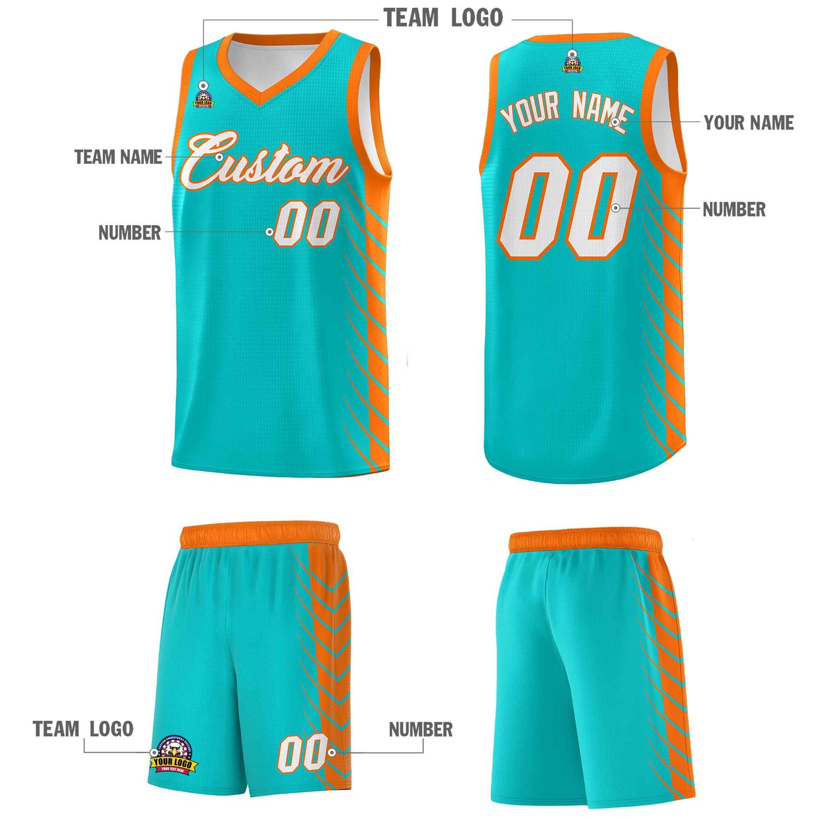 Custom Aqua Orange Personalized Side Symmetrical Line Pattern Sports Uniform Basketball Jersey
