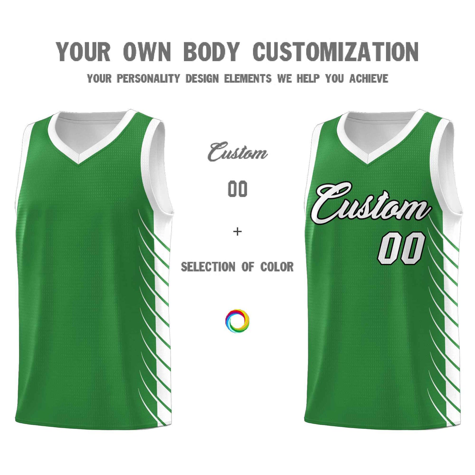 Custom Kelly Green White Personalized Side Symmetrical Line Pattern Sports Uniform Basketball Jersey