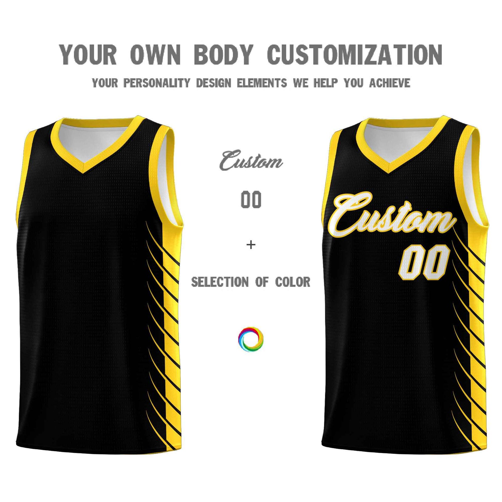 Custom Black Gold Personalized Side Symmetrical Line Pattern Sports Uniform Basketball Jersey
