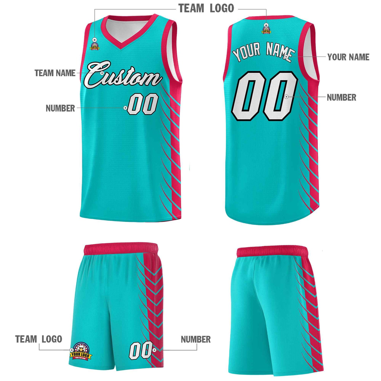 Custom Aqua Red Personalized Side Symmetrical Line Pattern Sports Uniform Basketball Jersey