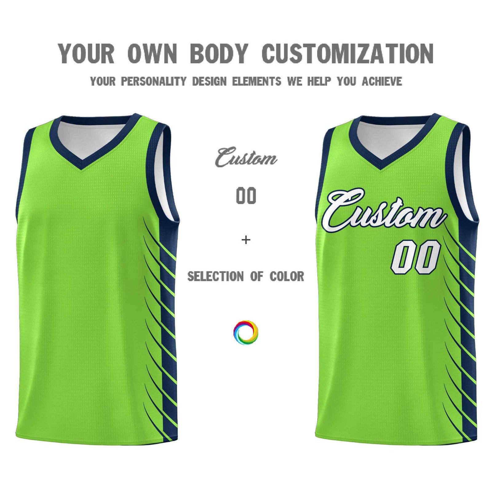 Custom Fluorescent Green Navy Personalized Side Symmetrical Line Pattern Sports Uniform Basketball Jersey