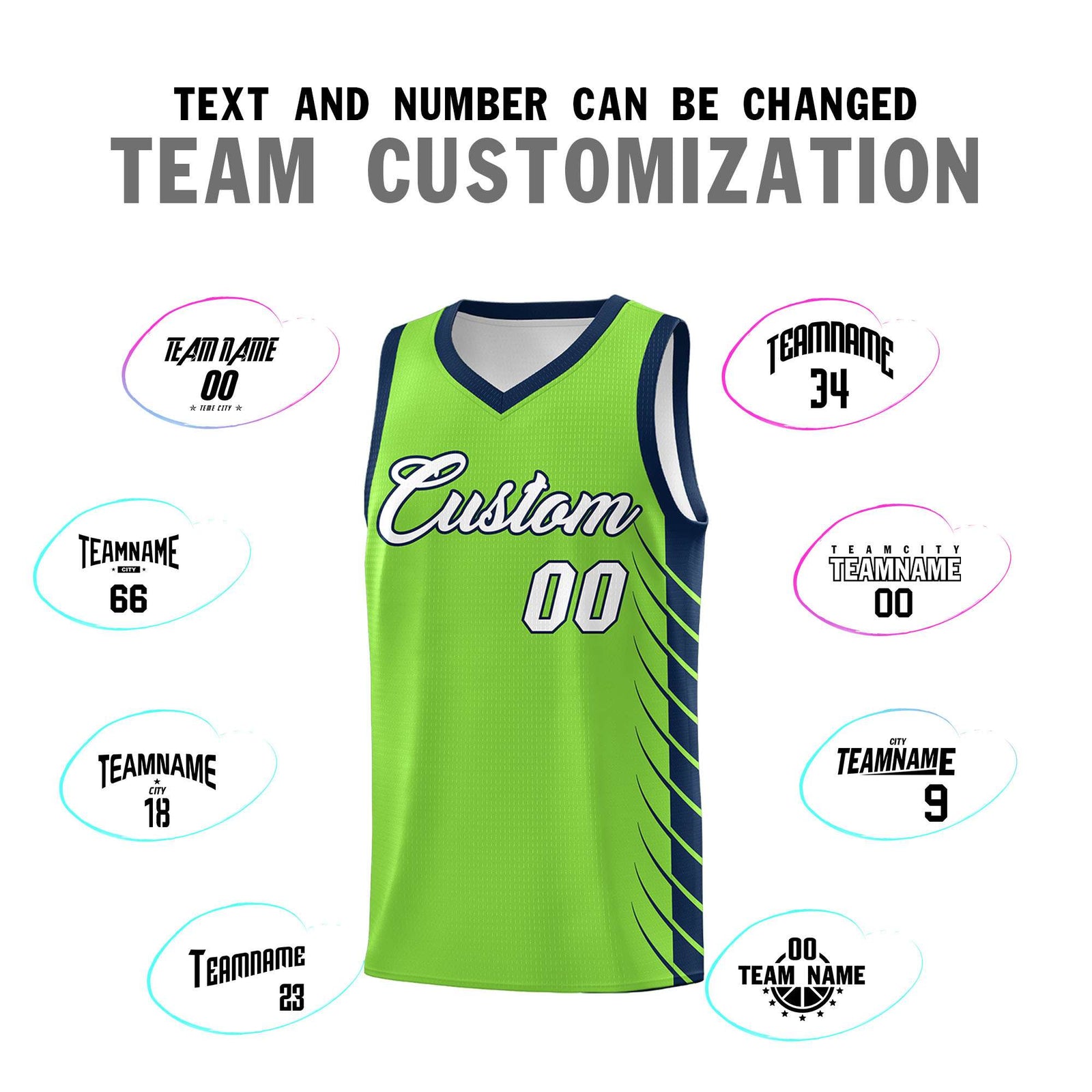 Custom Fluorescent Green Navy Personalized Side Symmetrical Line Pattern Sports Uniform Basketball Jersey