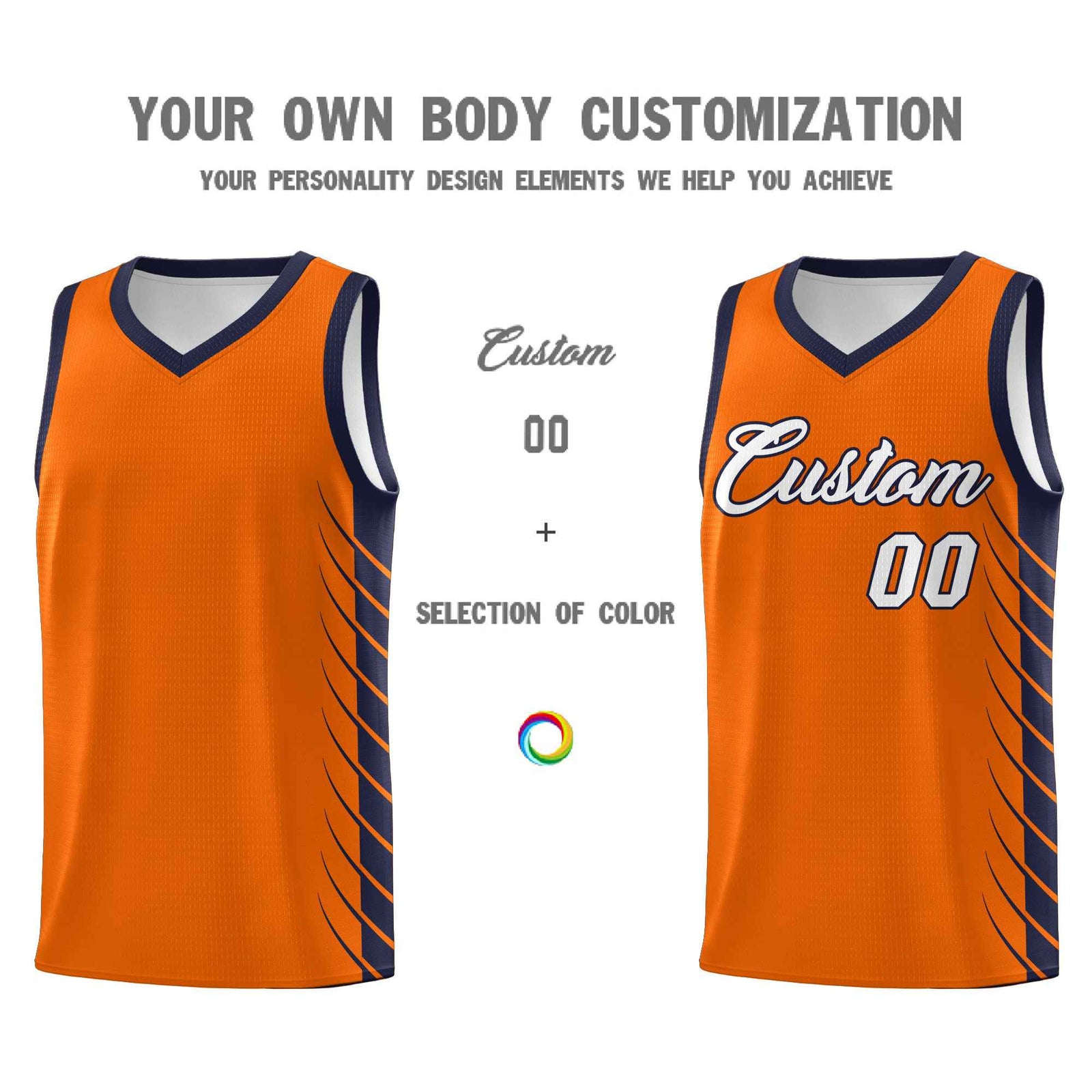Custom Orange Navy Personalized Side Symmetrical Line Pattern Sports Uniform Basketball Jersey