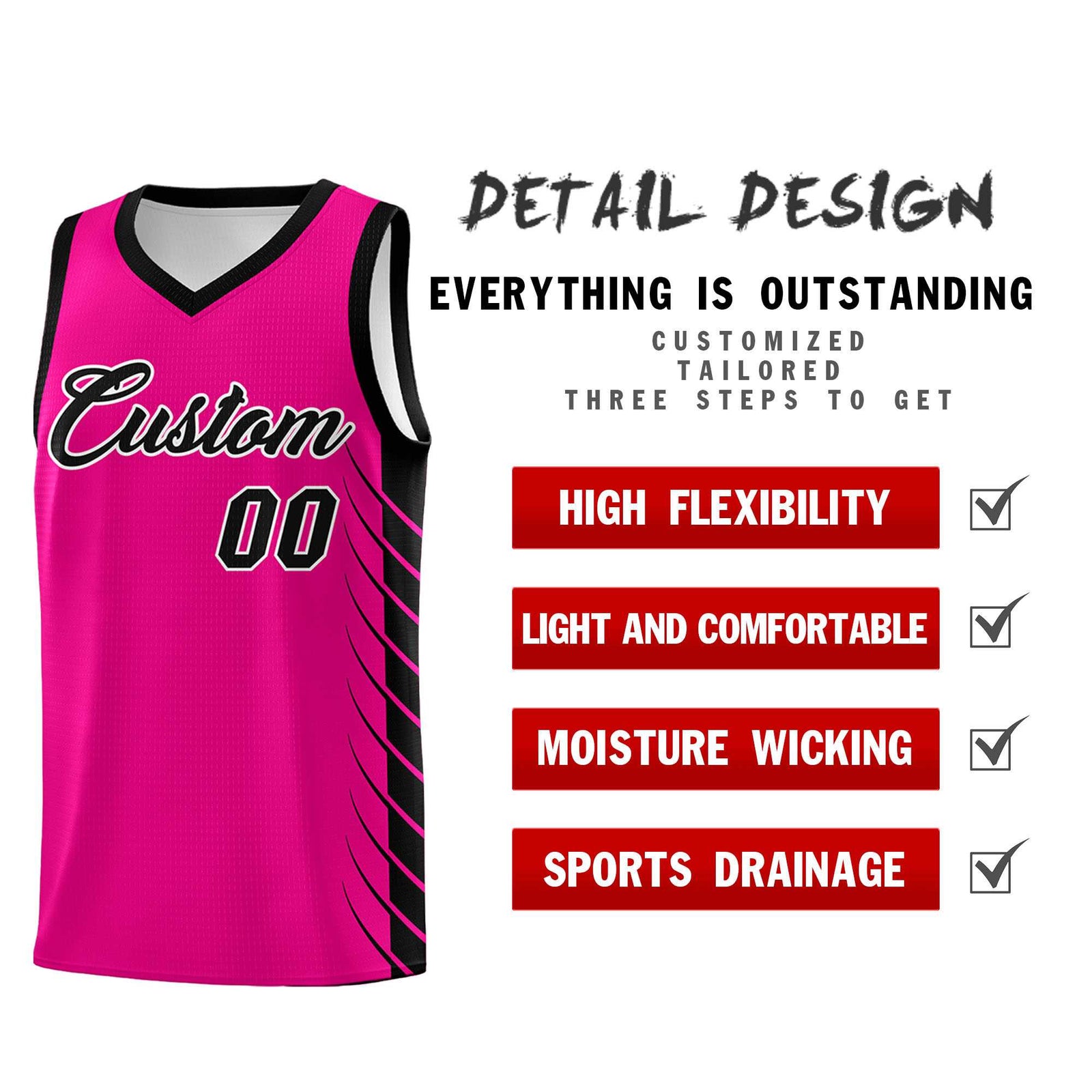 Custom Pink Black Personalized Side Symmetrical Line Pattern Sports Uniform Basketball Jersey