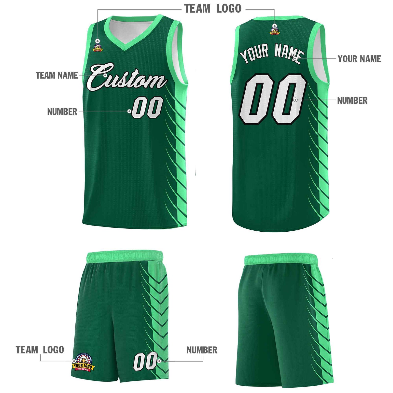 Custom Kelly Green Green Personalized Side Symmetrical Line Pattern Sports Uniform Basketball Jersey