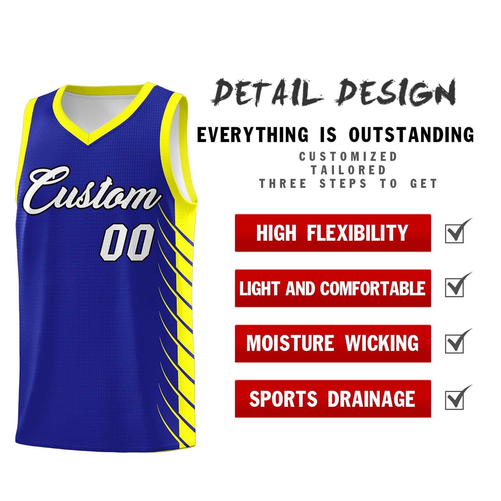Custom Royal Fluorescent Yellow Personalized Side Symmetrical Line Pattern Sports Uniform Basketball Jersey