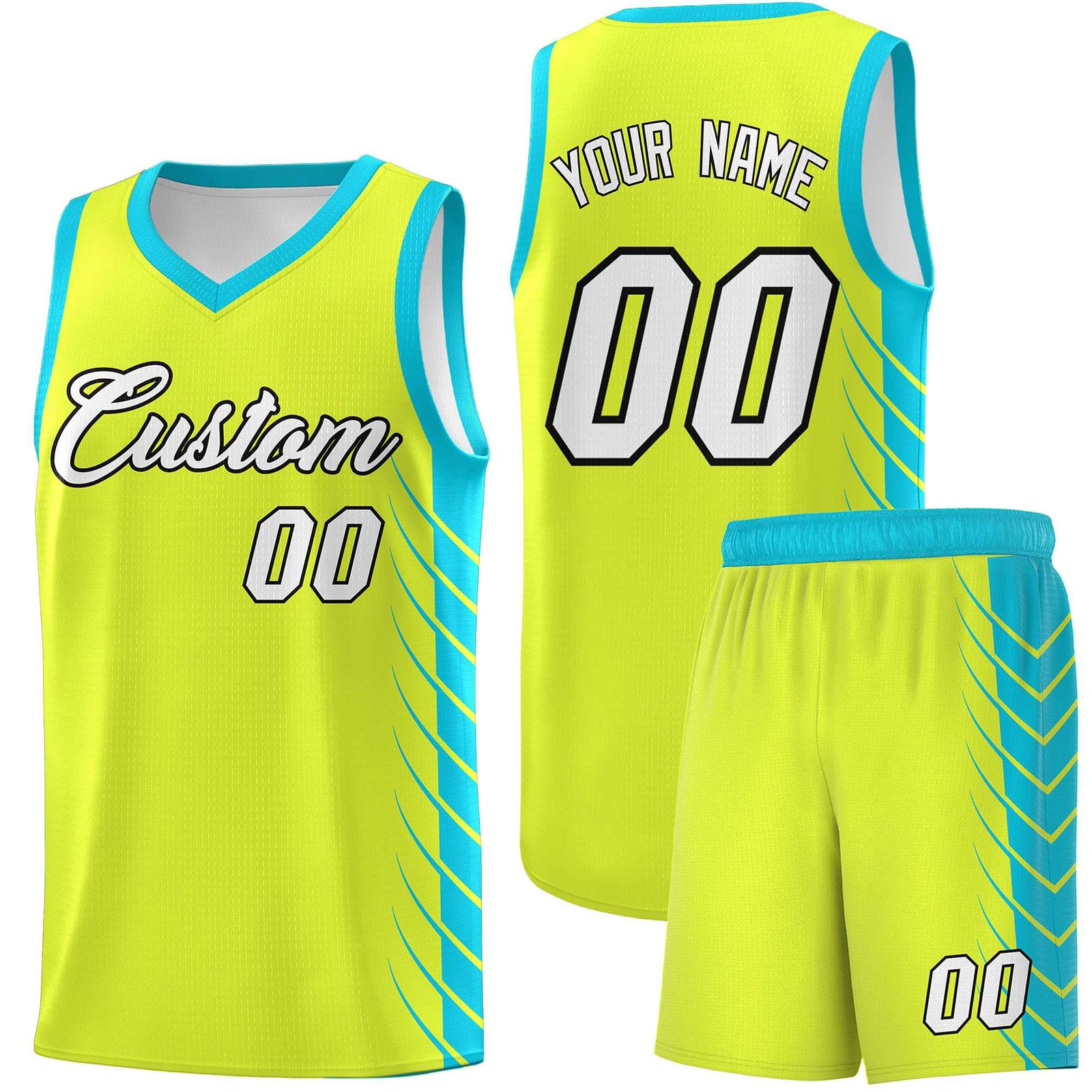 Custom Fluorescent Green Sky Blue Personalized Side Symmetrical Line Pattern Sports Uniform Basketball Jersey