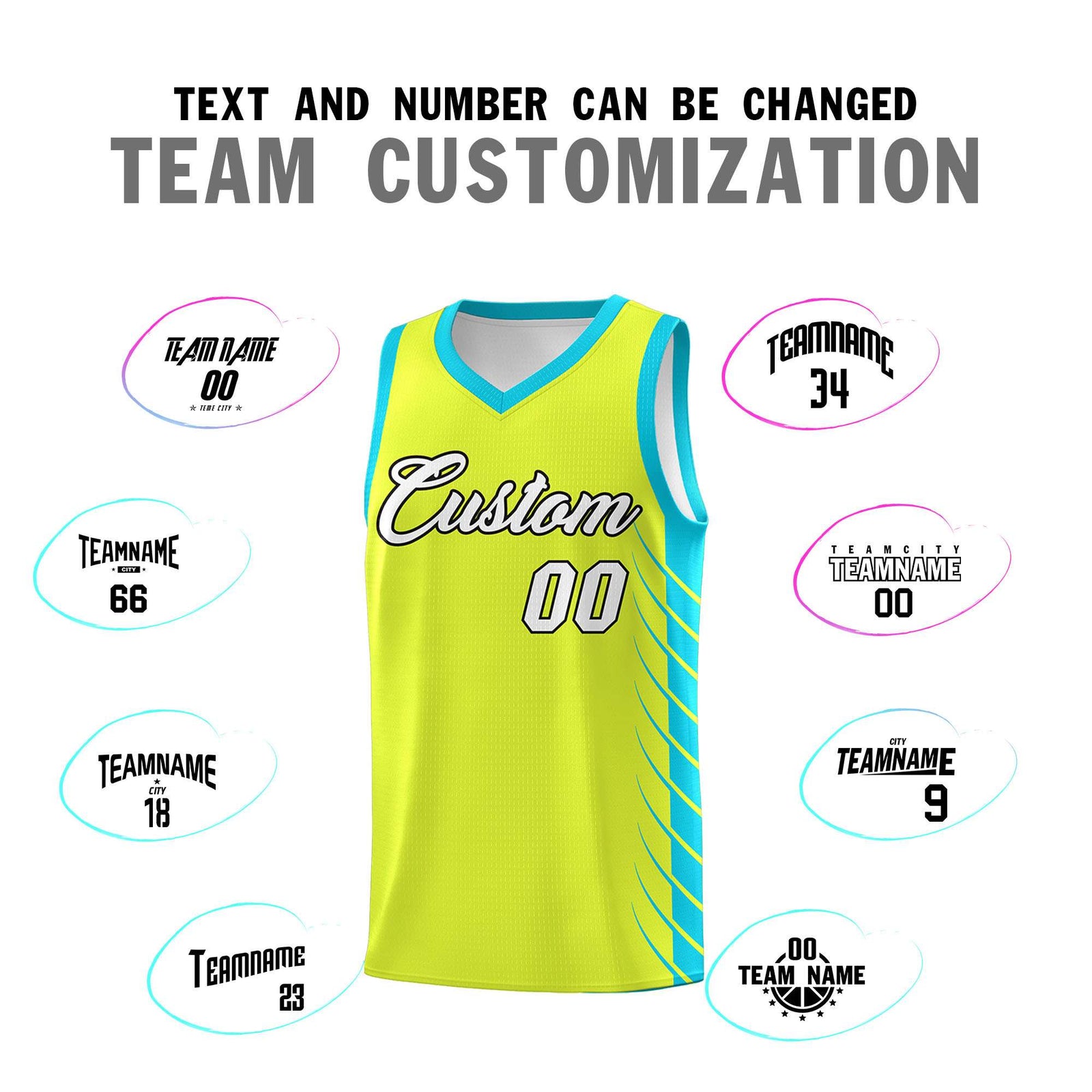 Custom Fluorescent Green Sky Blue Personalized Side Symmetrical Line Pattern Sports Uniform Basketball Jersey