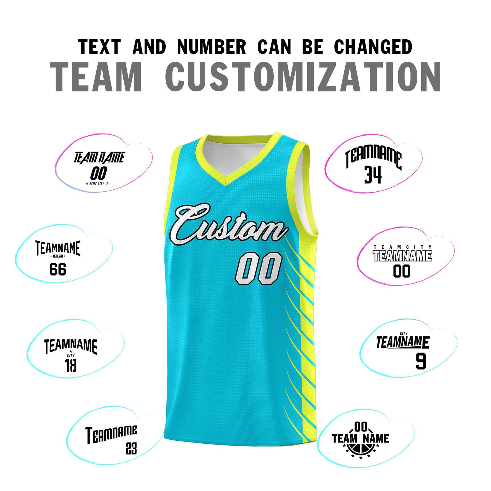 Custom Sky Blue Fluorescent Green Personalized Side Symmetrical Line Pattern Sports Uniform Basketball Jersey