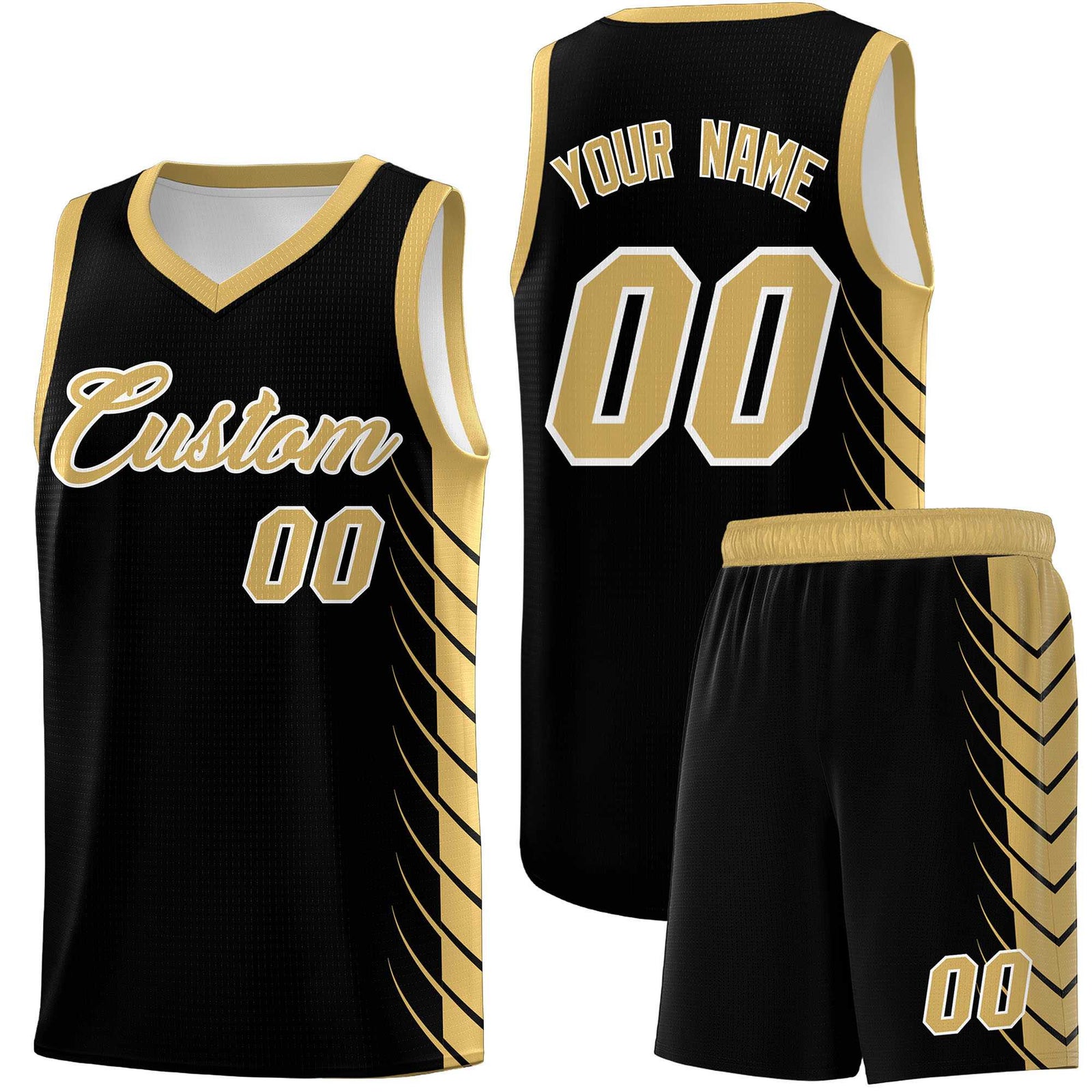 Custom Black Old Gold Personalized Side Symmetrical Line Pattern Sports Uniform Basketball Jersey