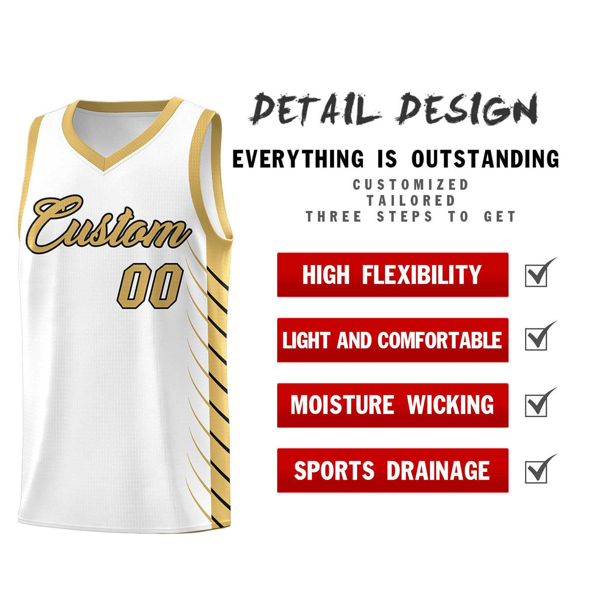 Custom White Old Gold Personalized Side Symmetrical Line Pattern Sports Uniform Basketball Jersey