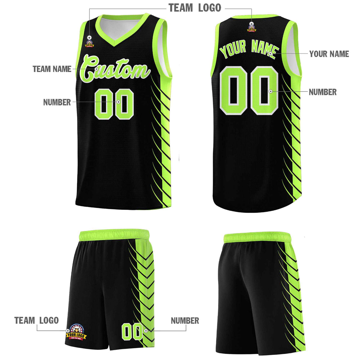 Custom Black Fluorescent Green Personalized Side Symmetrical Line Pattern Sports Uniform Basketball Jersey| KXKSHOP