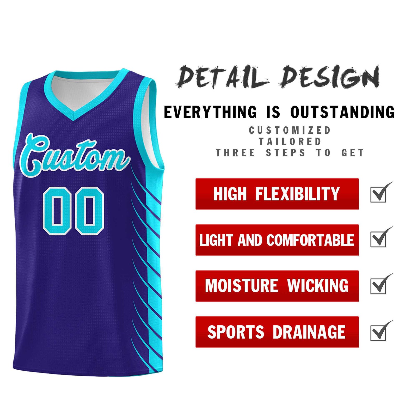Custom Royal Sky Blue Personalized Side Symmetrical Line Pattern Sports Uniform Basketball Jersey| KXKSHOP