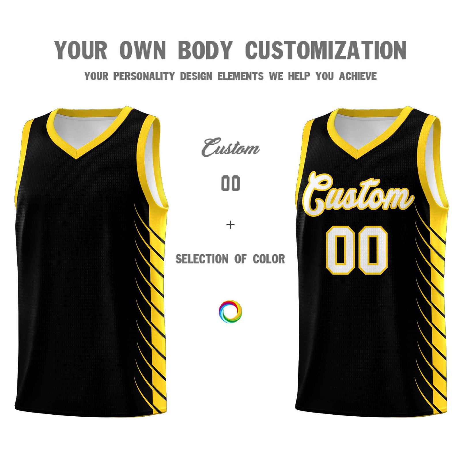 Custom Black Gold Personalized Side Symmetrical Line Pattern Sports Uniform Basketball Jersey| KXKSHOP