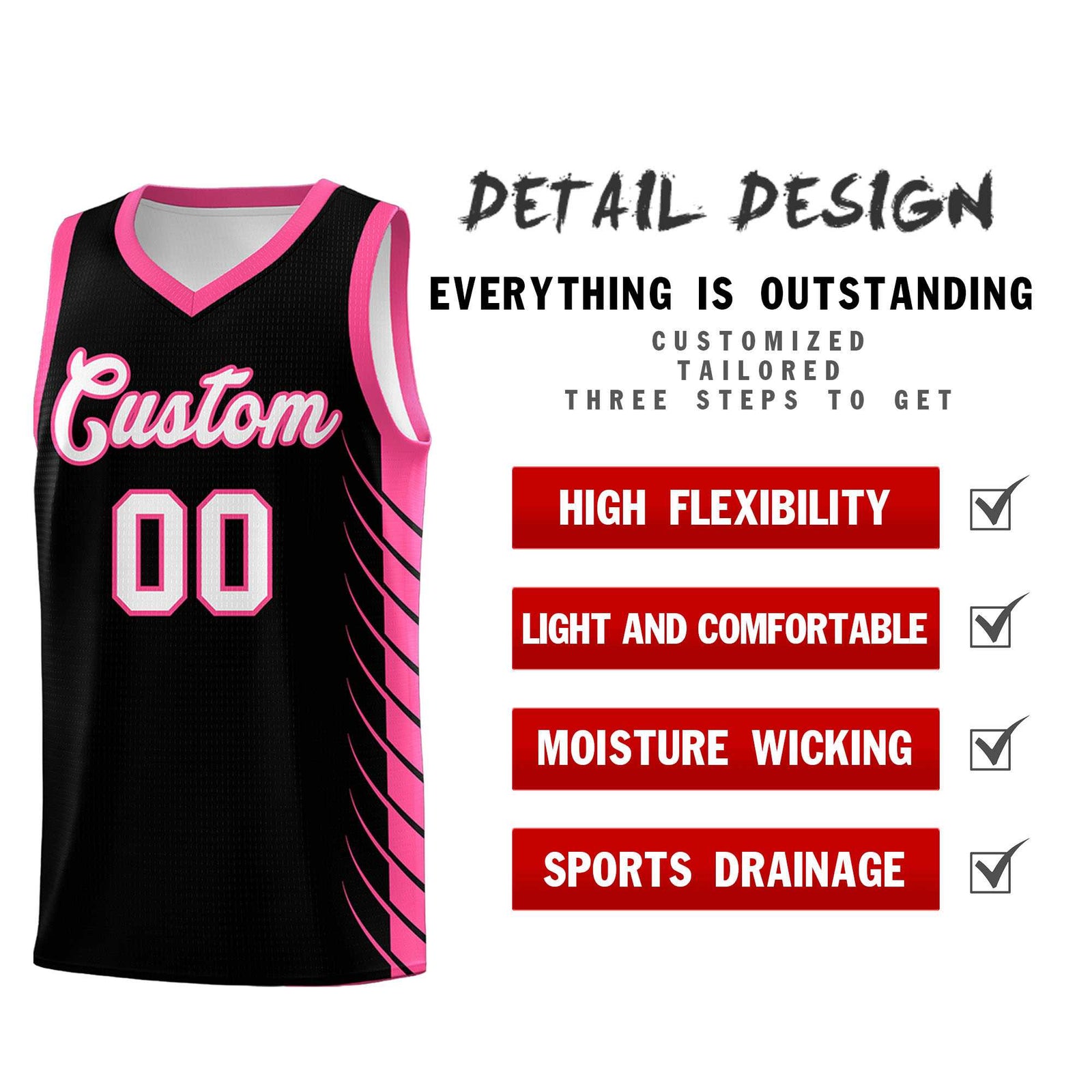 Custom Black Pink Personalized Side Symmetrical Line Pattern Sports Uniform Basketball Jersey| KXKSHOP