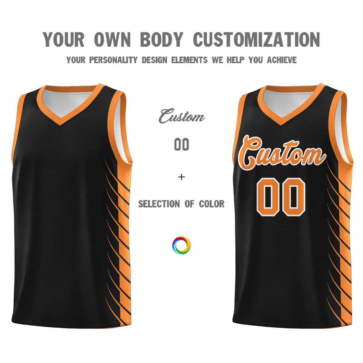 Custom Black Gold Orange Personalized Side Symmetrical Line Pattern Sports Uniform Basketball Jersey| KXKSHOP