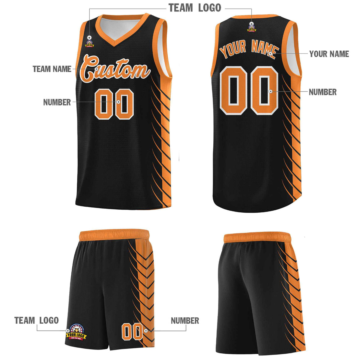 Custom Black Gold Orange Personalized Side Symmetrical Line Pattern Sports Uniform Basketball Jersey| KXKSHOP
