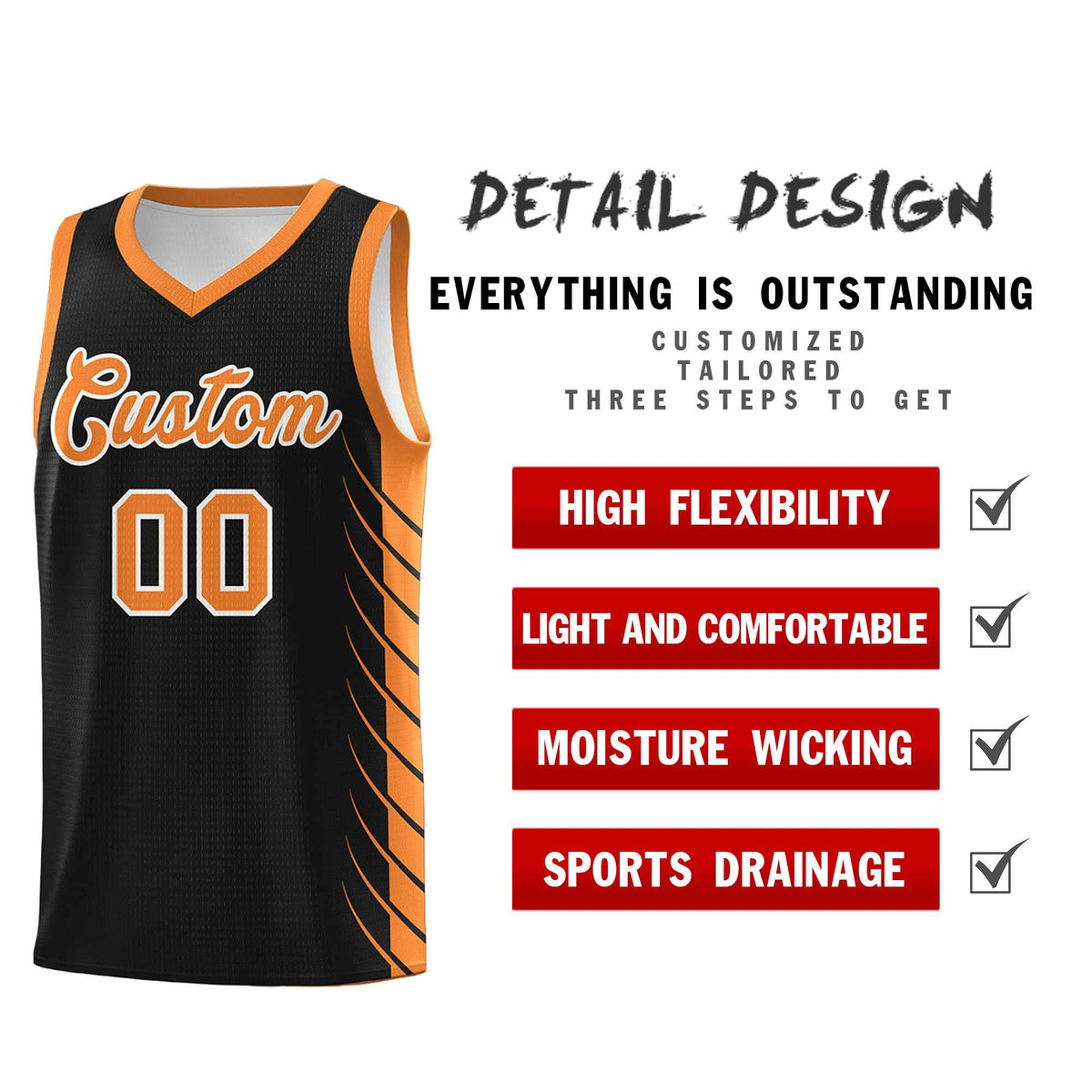 Custom Black Gold Orange Personalized Side Symmetrical Line Pattern Sports Uniform Basketball Jersey| KXKSHOP