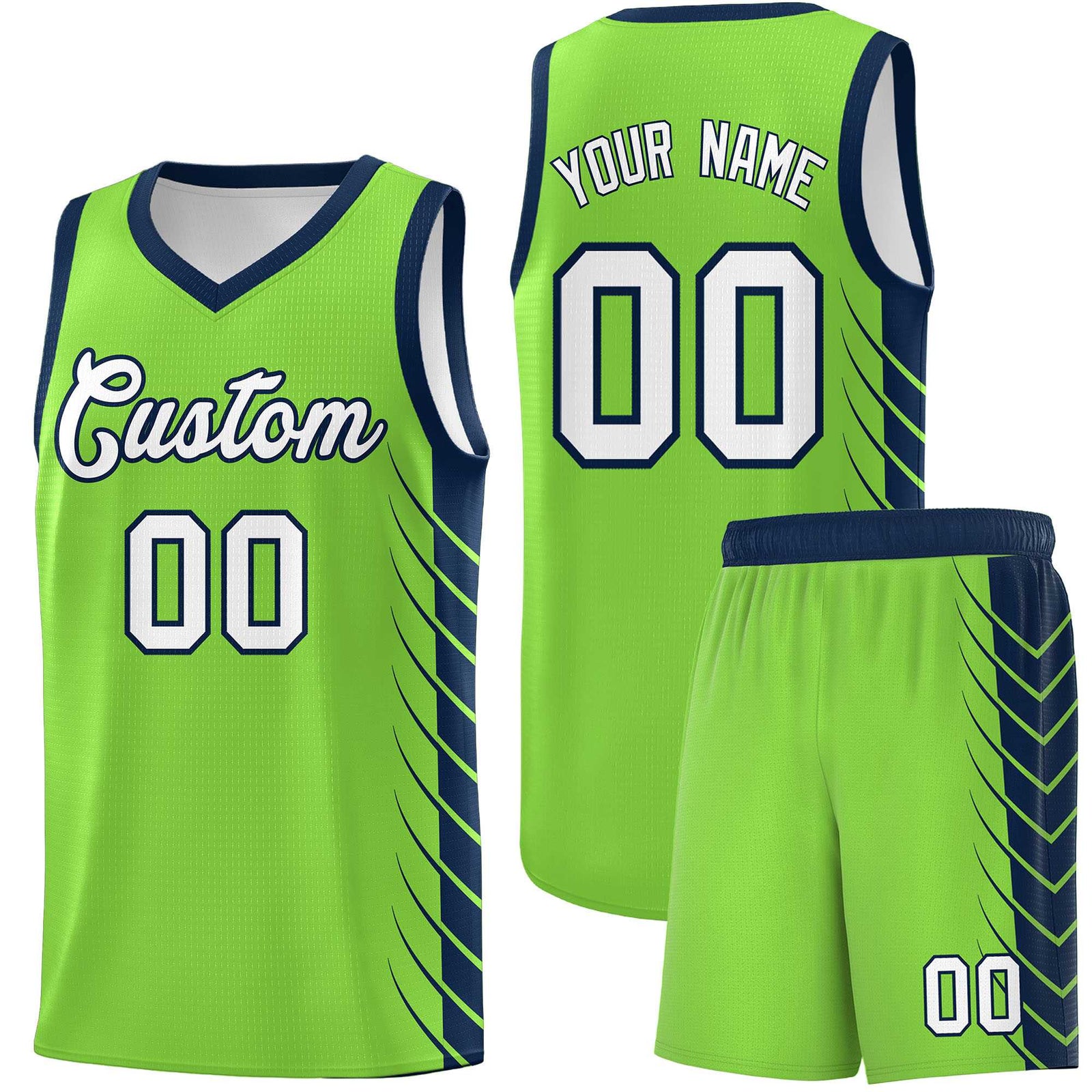 Custom Fluorescent Green Navy Personalized Side Symmetrical Line Pattern Sports Uniform Basketball Jersey| KXKSHOP