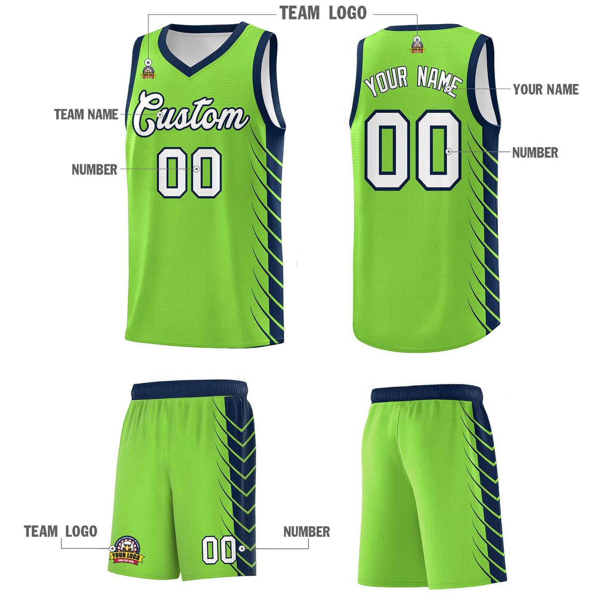 Custom Fluorescent Green Navy Personalized Side Symmetrical Line Pattern Sports Uniform Basketball Jersey| KXKSHOP