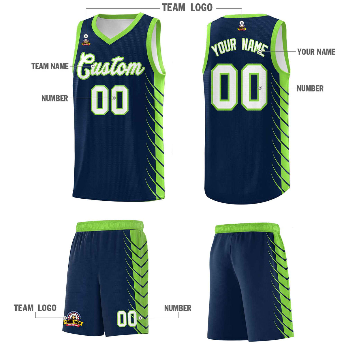 Custom Navy Fluorescent Green Personalized Side Symmetrical Line Pattern Sports Uniform Basketball Jersey| KXKSHOP